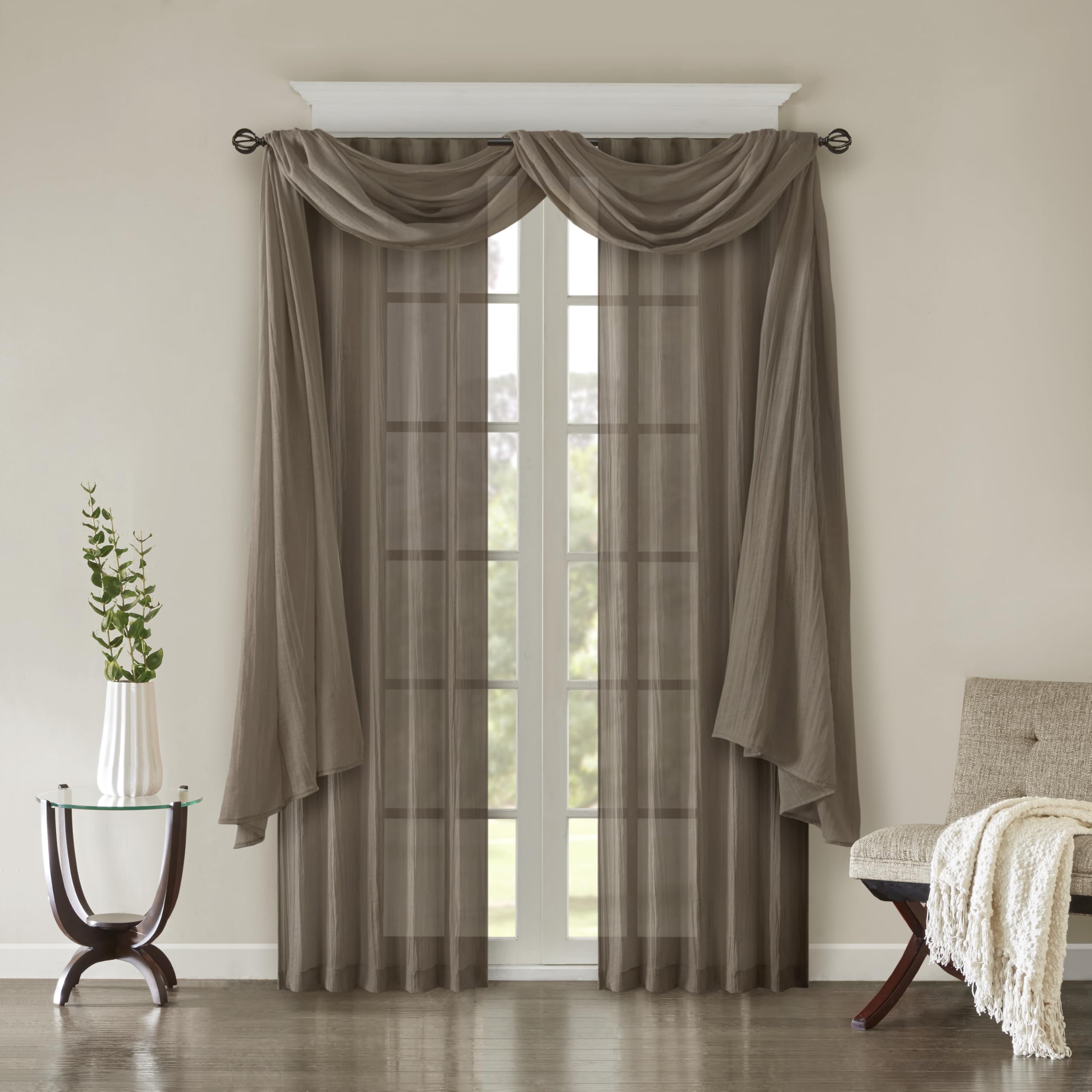 Madison Park Harper Sheer Sypialnia, nowoczesna współczesna zasłona okienna do kuchni, panele z litego materiału, 106 x 548 cm, taupe