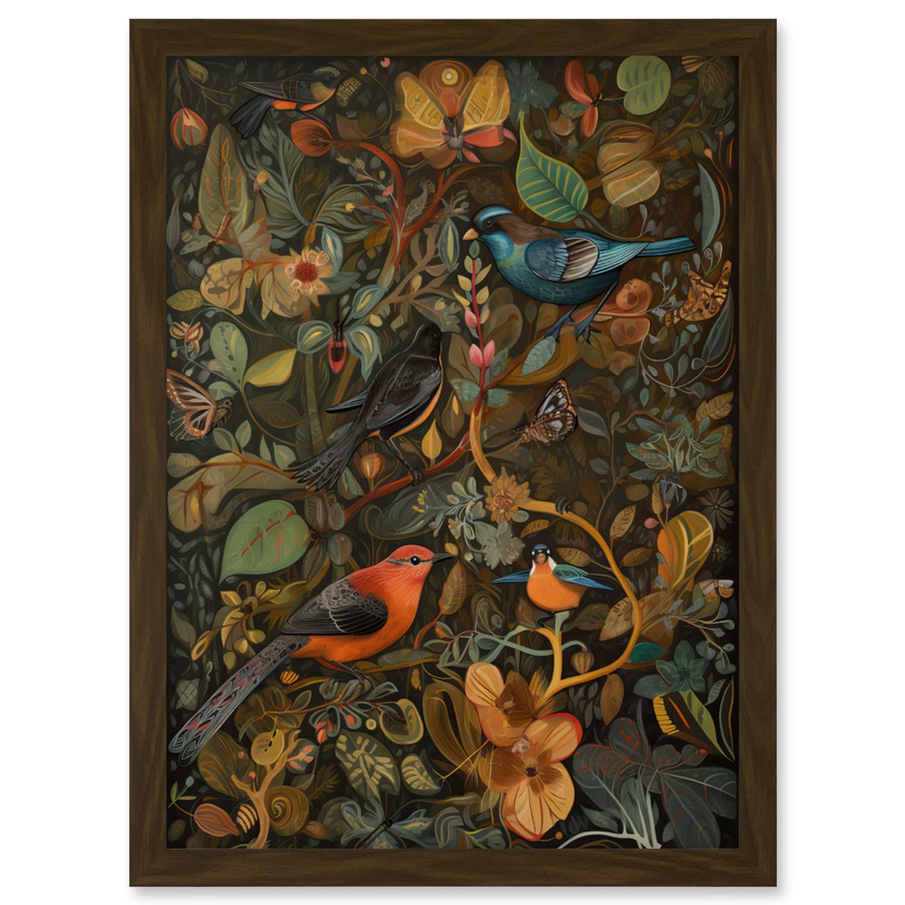 Artery8 Birds and Butterflies on Autumnal Tree Folk Art Artwork Framed Wall Art Print A4