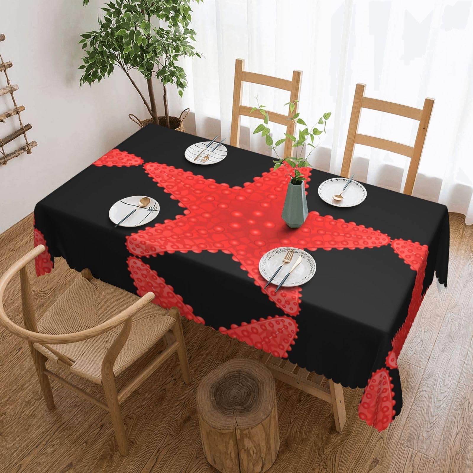 HLSBSSL red starfish Patterned square lace tablecloth, wrinkle-resistant and durable, suitable for dining tables, parties, etc.