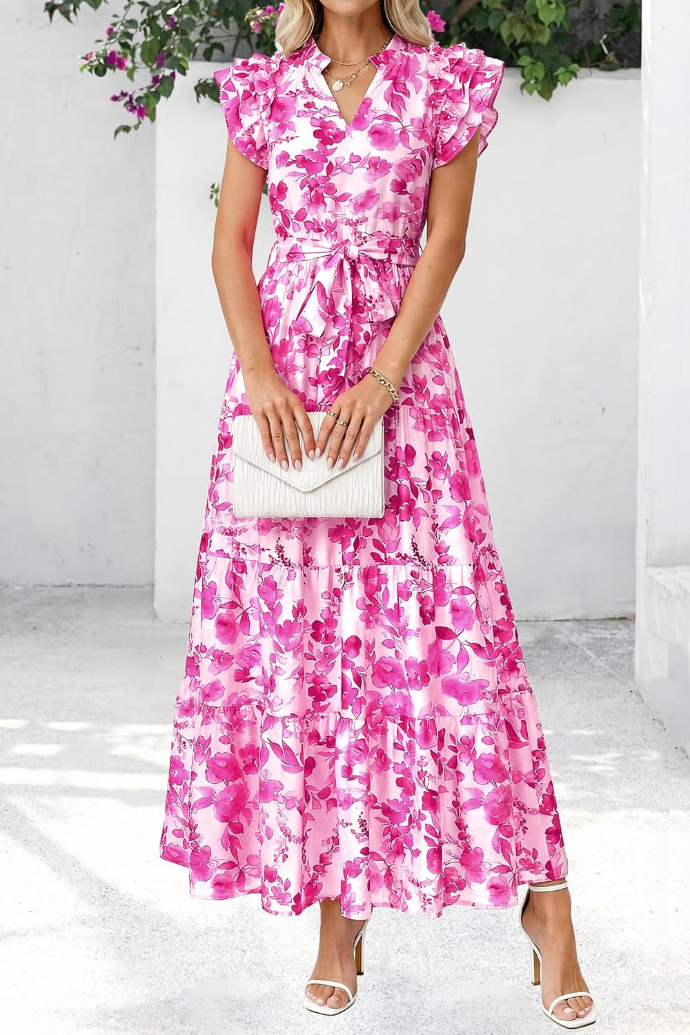 dowerme Women Summer Maxi Dresses 2026 Ruffle Sleeve V Neck Floral Boho Long Dress Belted Tiered Sundress with Pockets