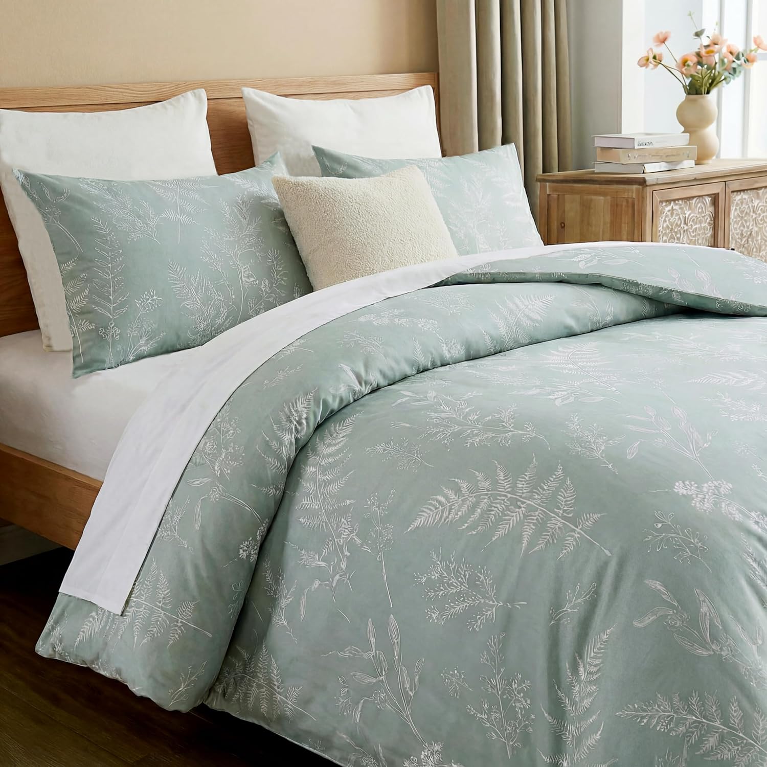 MOVE OVER 100% Cotton Floral Duvet Cover Set King Size, Green Branches Botanical Bedding, 3 Pcs with Zipper Closure & Corner Ties, Soft Breathable Duvet Cover for All Seasons