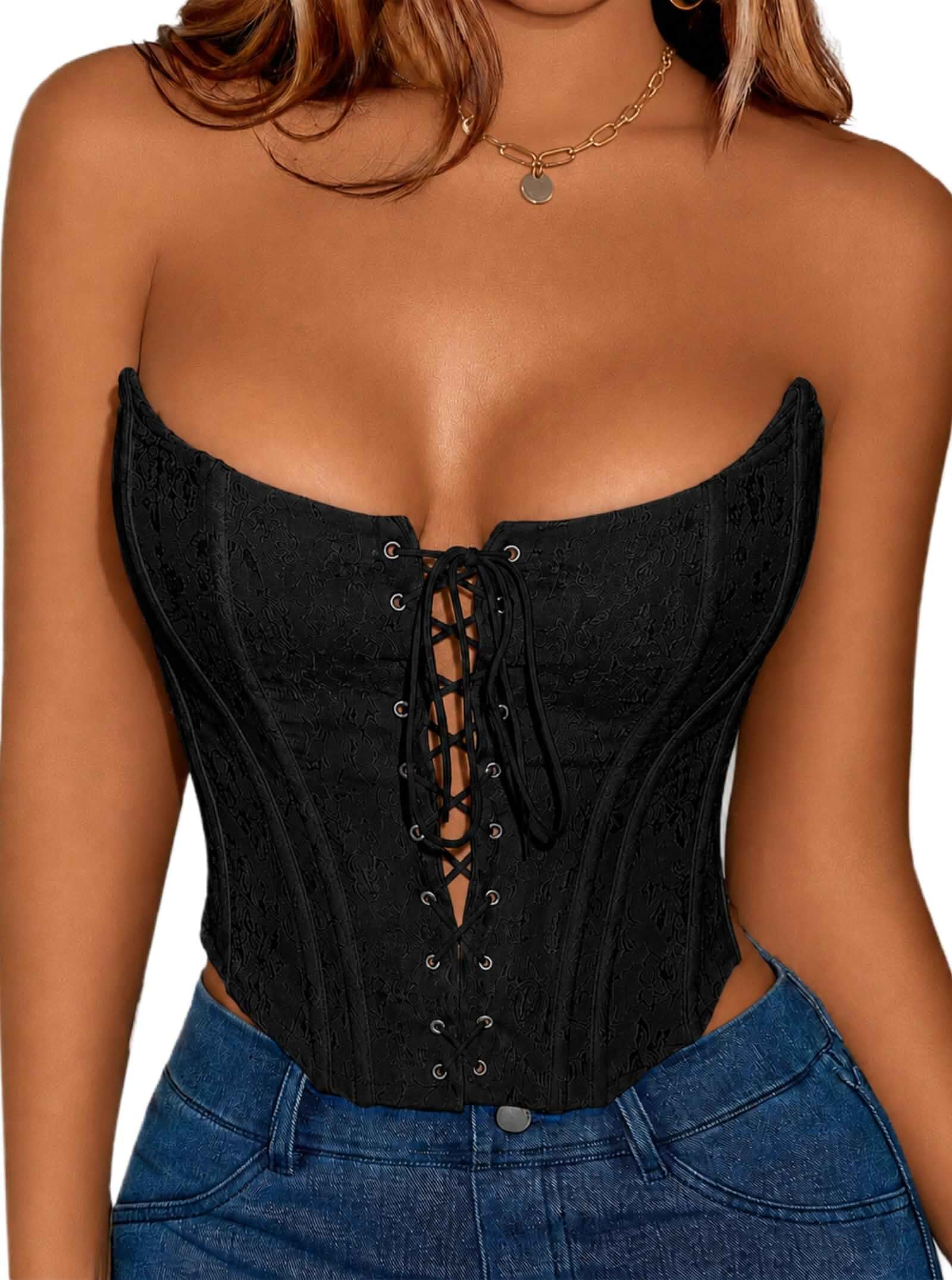 Avanova Women Strapless Lace Up Corset Tops Crop Bustier Going Out Top Overbust Tube Tops, Sweetheart Neck, Front & Back Lace Up, Structured Boning, Floral Embroidery, Y2K Party Club Night Out