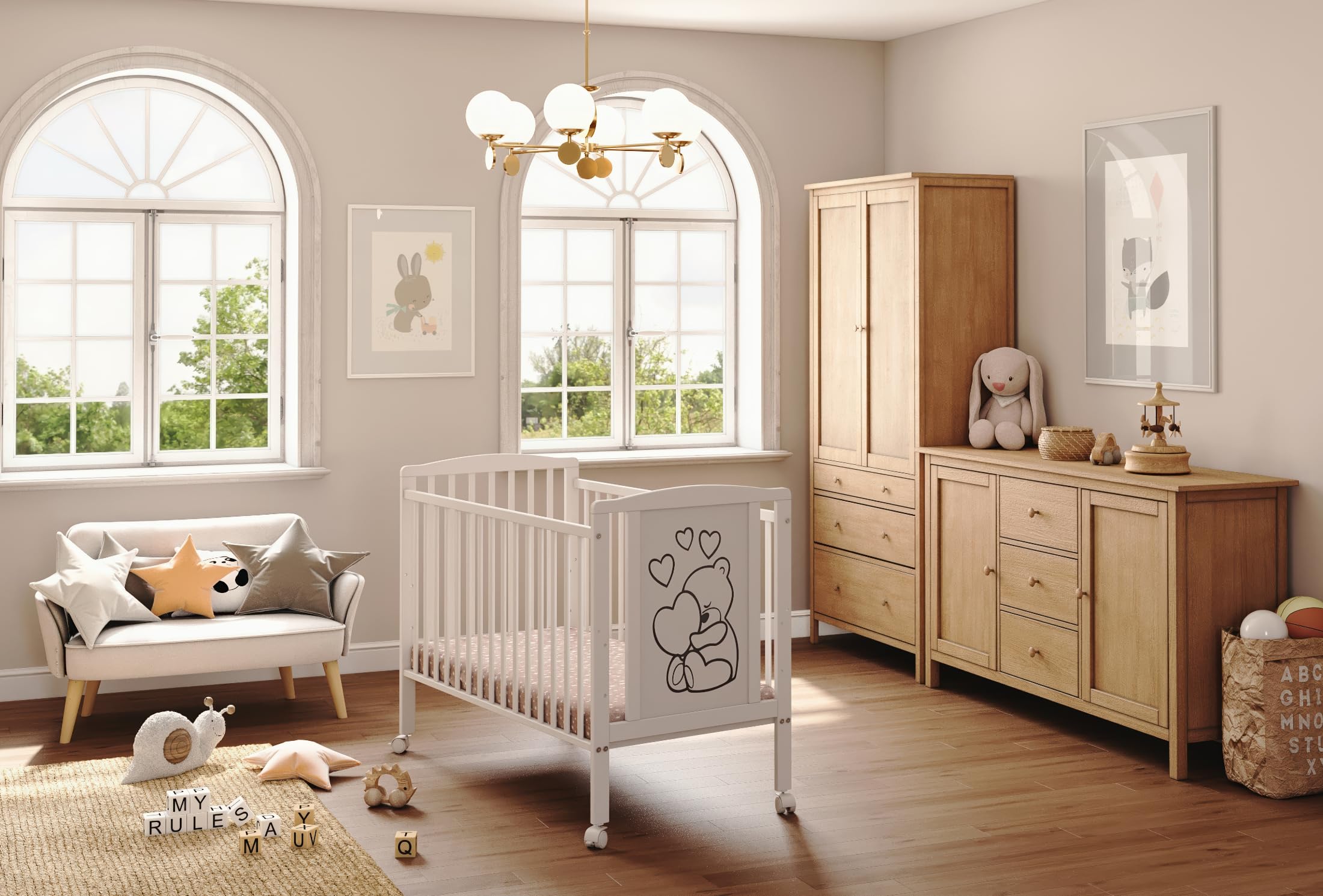 Lettino con materasso 60x120 cm Luca-Mia – Lettino in legno con sbarre, design cuore