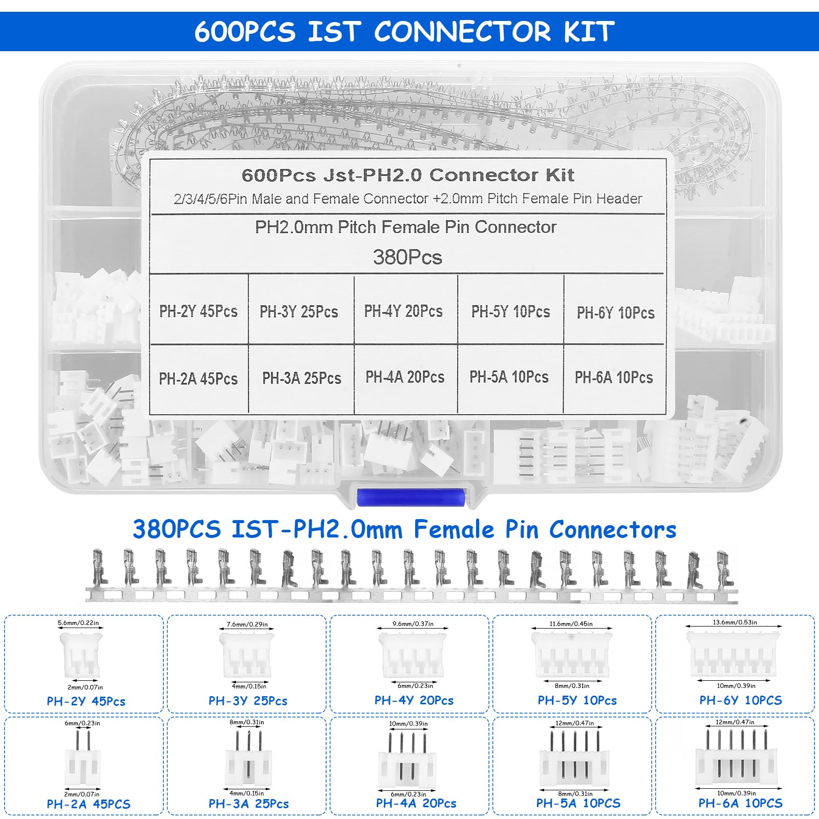 600 PcsJST Connectors, 2.0mm JST XH Connectors Kit, 2/3 / 4/5 / 6 Pin Housing Connector Adapter Plugs - Image 2