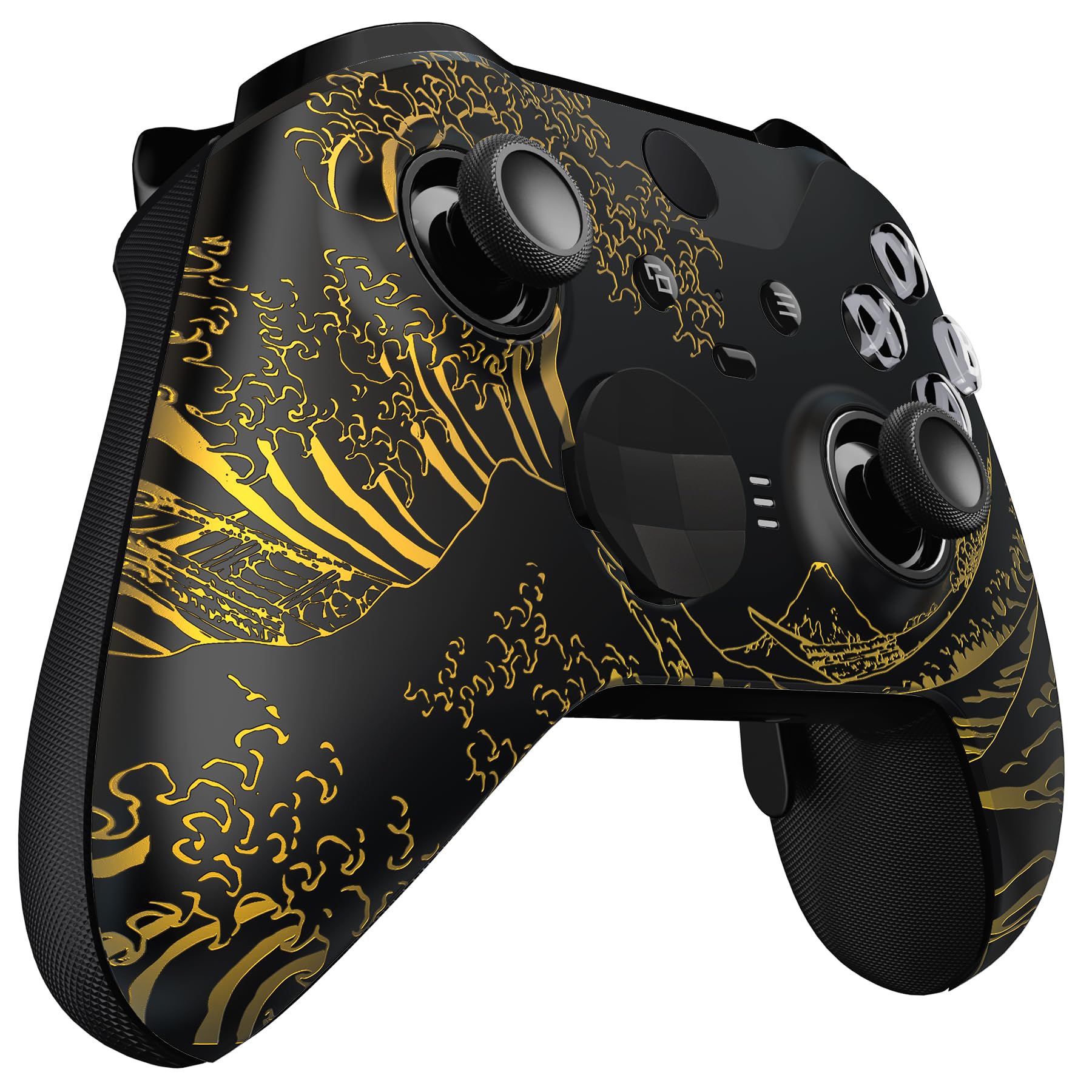 eXtremeRate Front Housing Shell for Xbox One Elite Series 2, Custom Faceplate with Accent Rings for Xbox Elite 2 Core Controller (Model 1797) - The Great Golden Wave Off Kanagawa (Black)