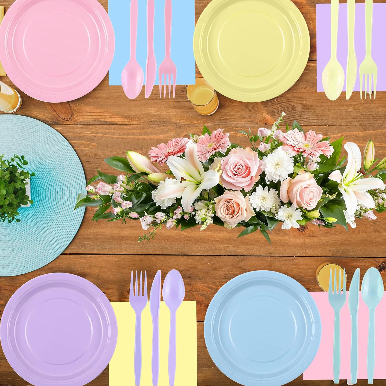 200 Pcs Pastel Party Supplies Disposable Dinnerware Set,Includes Paper Plates Cups Napkins Plastic Forks Knives Spoons for Spring Easter Wedding Birthday Party Decorations Serves 25 Guests - Image 3