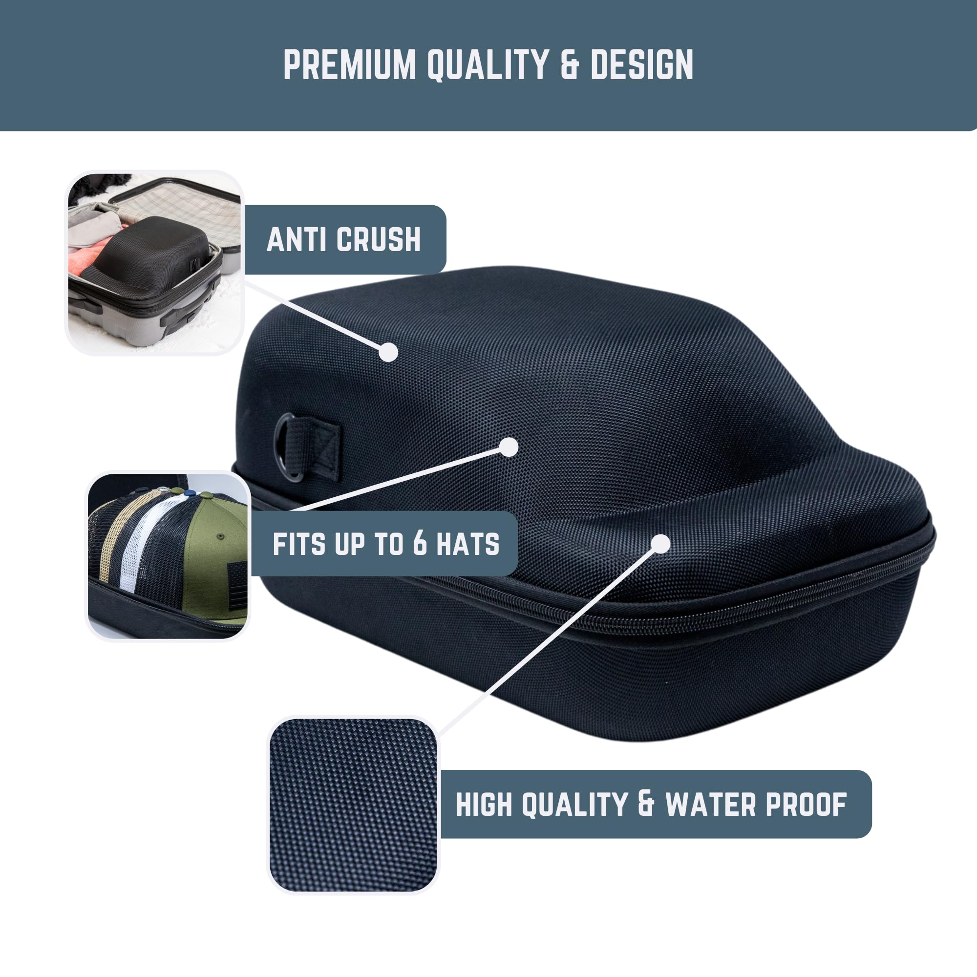 HOV Hard Travel Hat Holder Organizer - Dust Proof 13x9x6in EVA Case with Wearable Strap and Small Zipper Bag Inside for Hat Pins, Ensuring Hat Safety