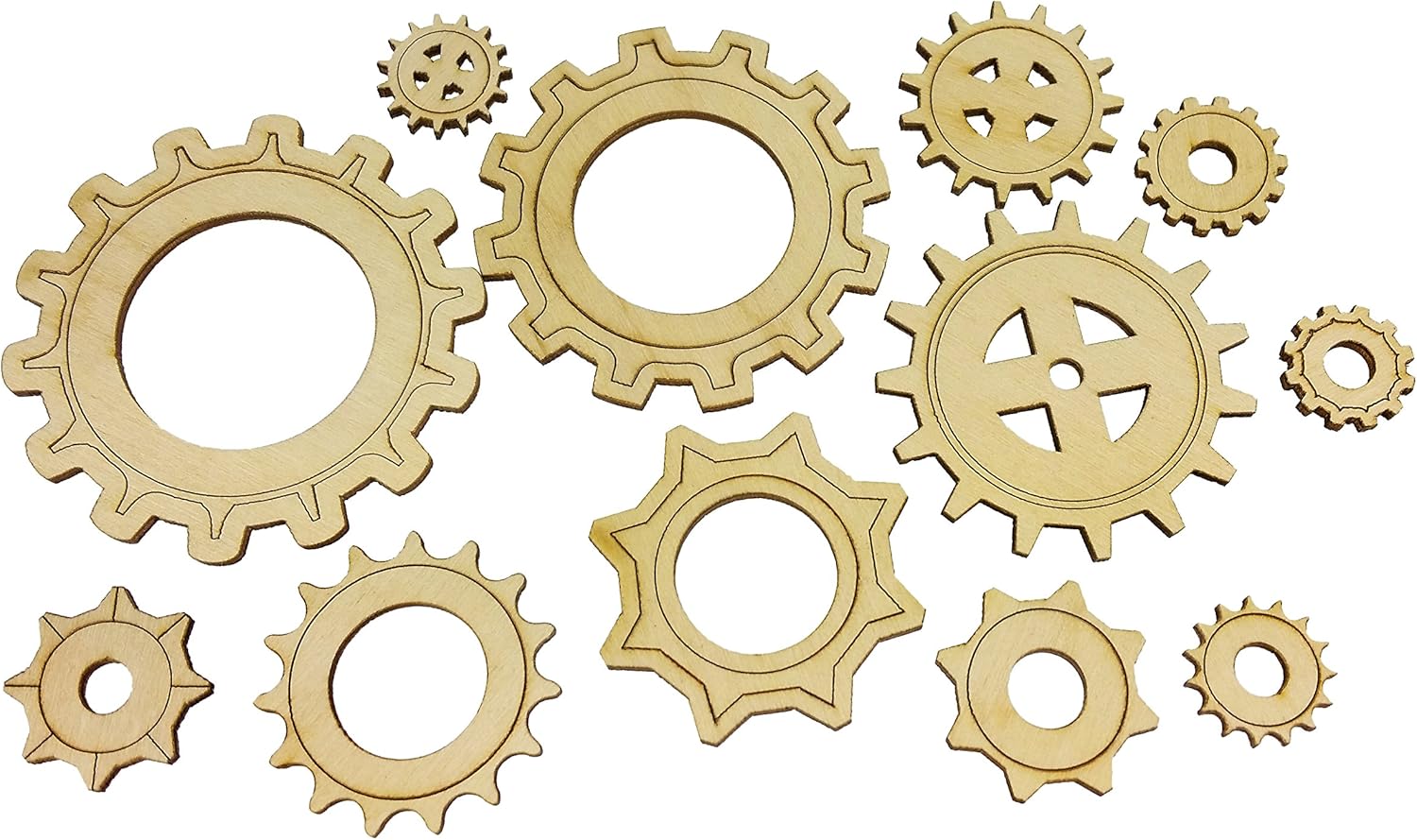 12pc. set of Wooden Gears - Cool Industrial & Steampunk Design - Laser-cut Thin Birch Plywood