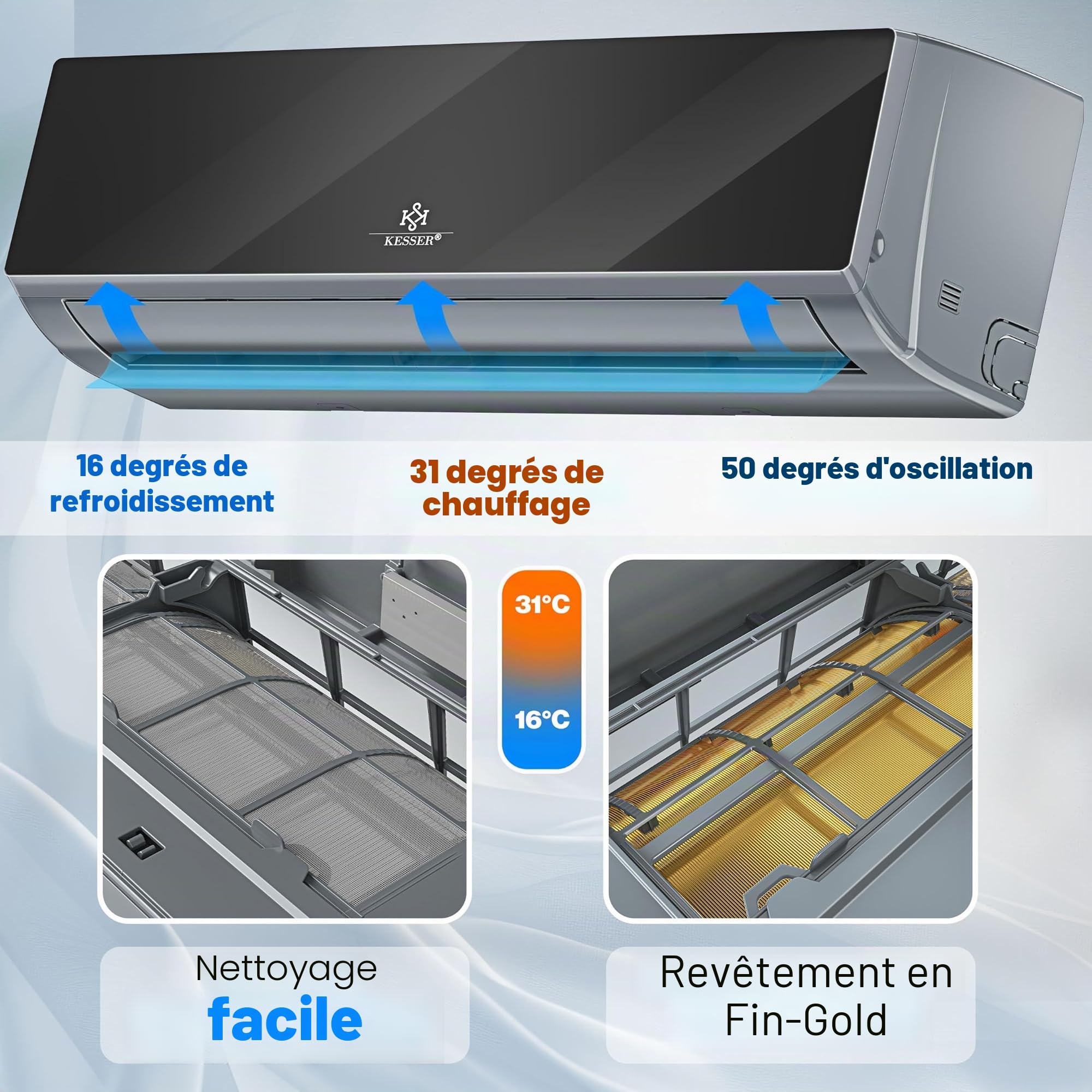 KESSER® Climatiseur Split Quick Connect - WiFi & App - Climatiseur avec fonction chauffage et mode refroidissement - Climatiseur mural - Avec câble en cuivre 12000 BTU 3,4 kW - Réfrigérant R32