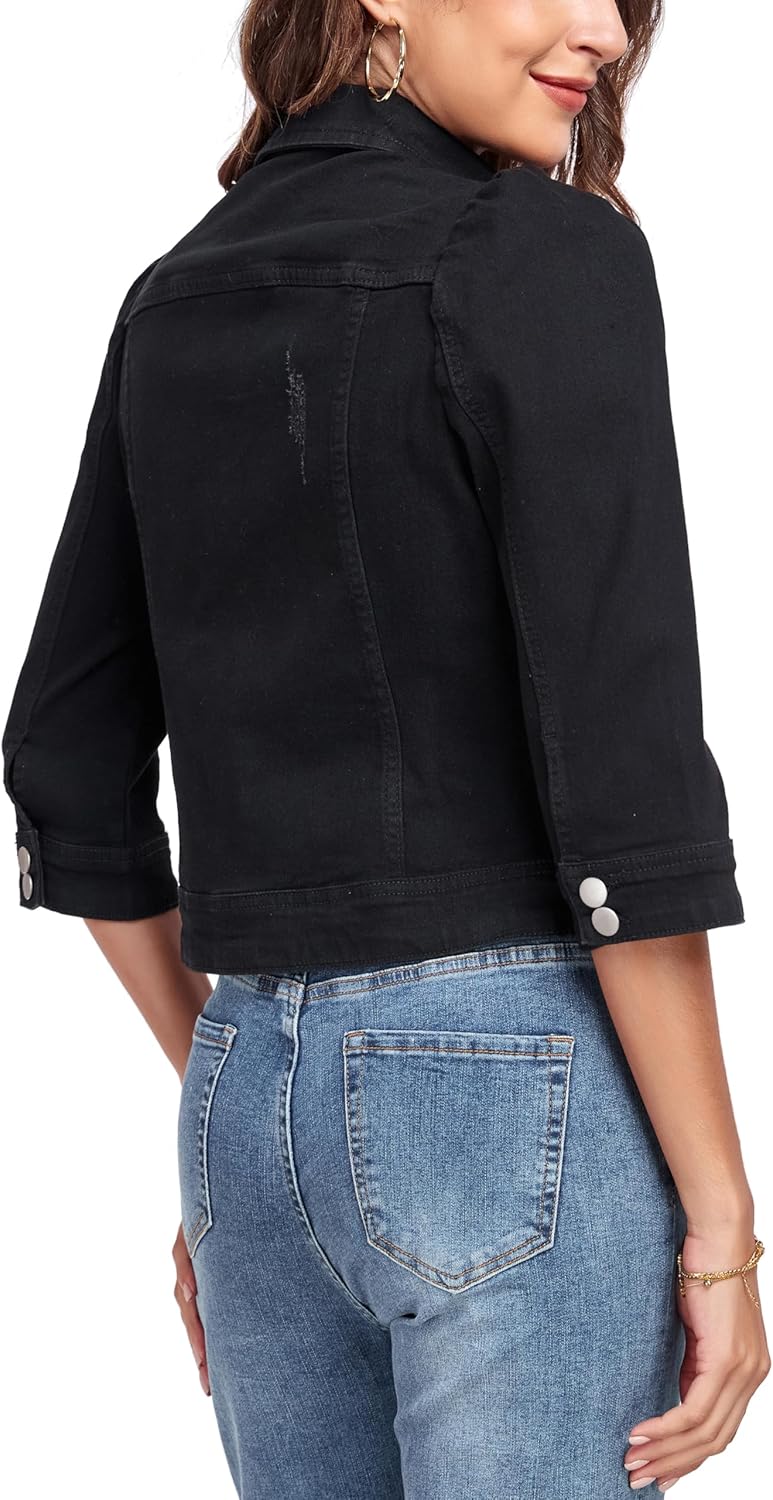 Anienaya Women's Jean Jacket Cropped Denim Jacket Stretchy 3/4 Puff Sleeve Distressed with Pockets - Image 2