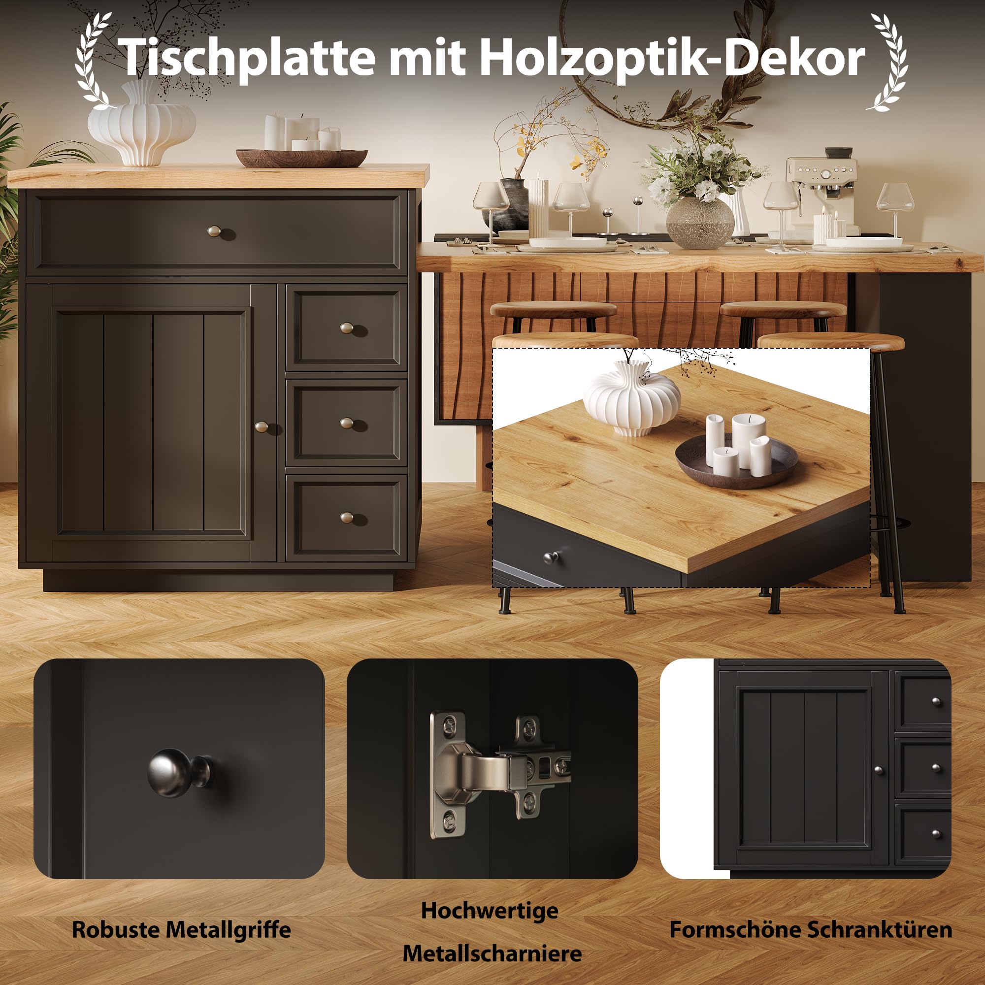 Kücheninsel mit Ausziehbarer Esstisch & Rollen, Küchenschrank Speisewagen, 120-184x70x94cm Schwarz
