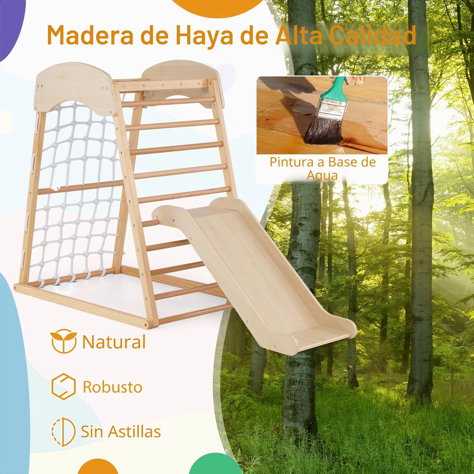 RELAX4LIFE Juego De Escalada Multifunción De Madera Natural - Parque Infantil Con Tobogán, Escalera Y Red De Escalada, Para Interior Y Exterior, Niños De 1 A 5 Años