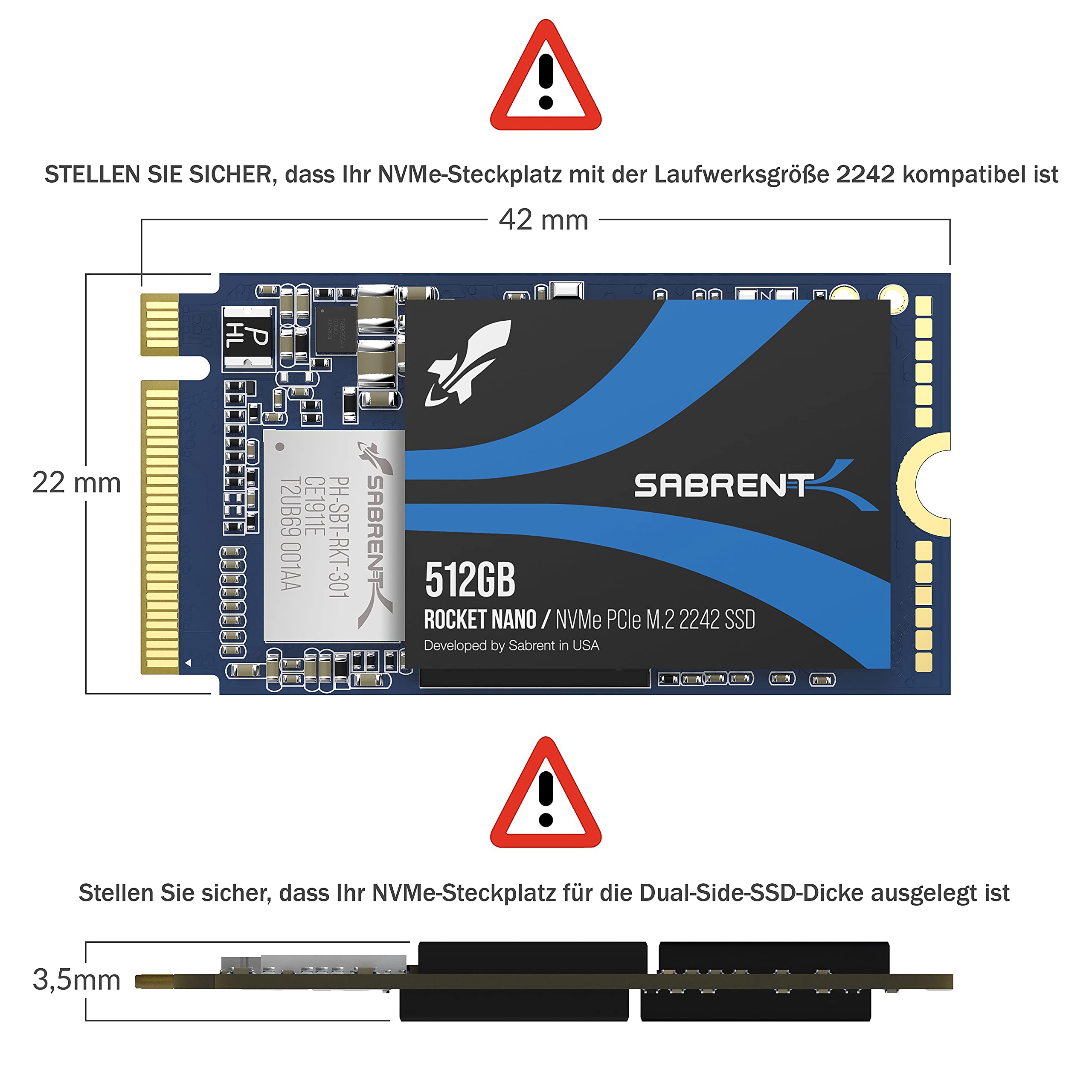 SABRENT 2242 M.2 NVMe SSD 512GB, Interne SSD 1700 MB/s Lesen, 42 mm PCIe 3.0 X4, Internes Solid State Drive, High Performance kompatibel mit Allen PCs, NUCs und Laptops (SB-1342-512)