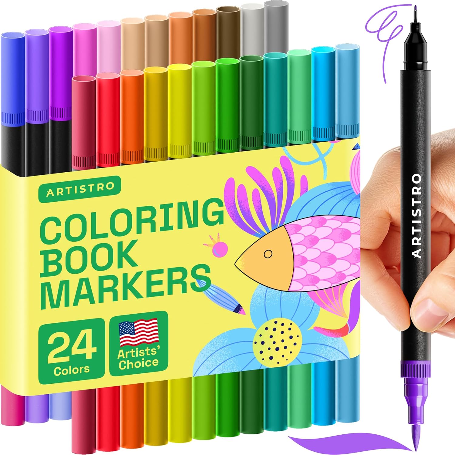 ARTISTRO 24 Brush Marker Pens Coloring Markers for Adults Brush Tip & 0.4mm Fineliner Pens Coloring Markers No Bleeding 24 dual tip brush + fineliner