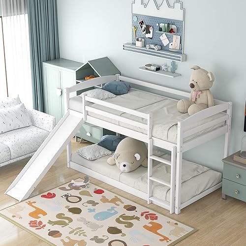 Miniatura 108 de Litera baja individual sobre individual, base de cama de madera maciza con escalera y barandillas de seguridad, literas individuales para niños y