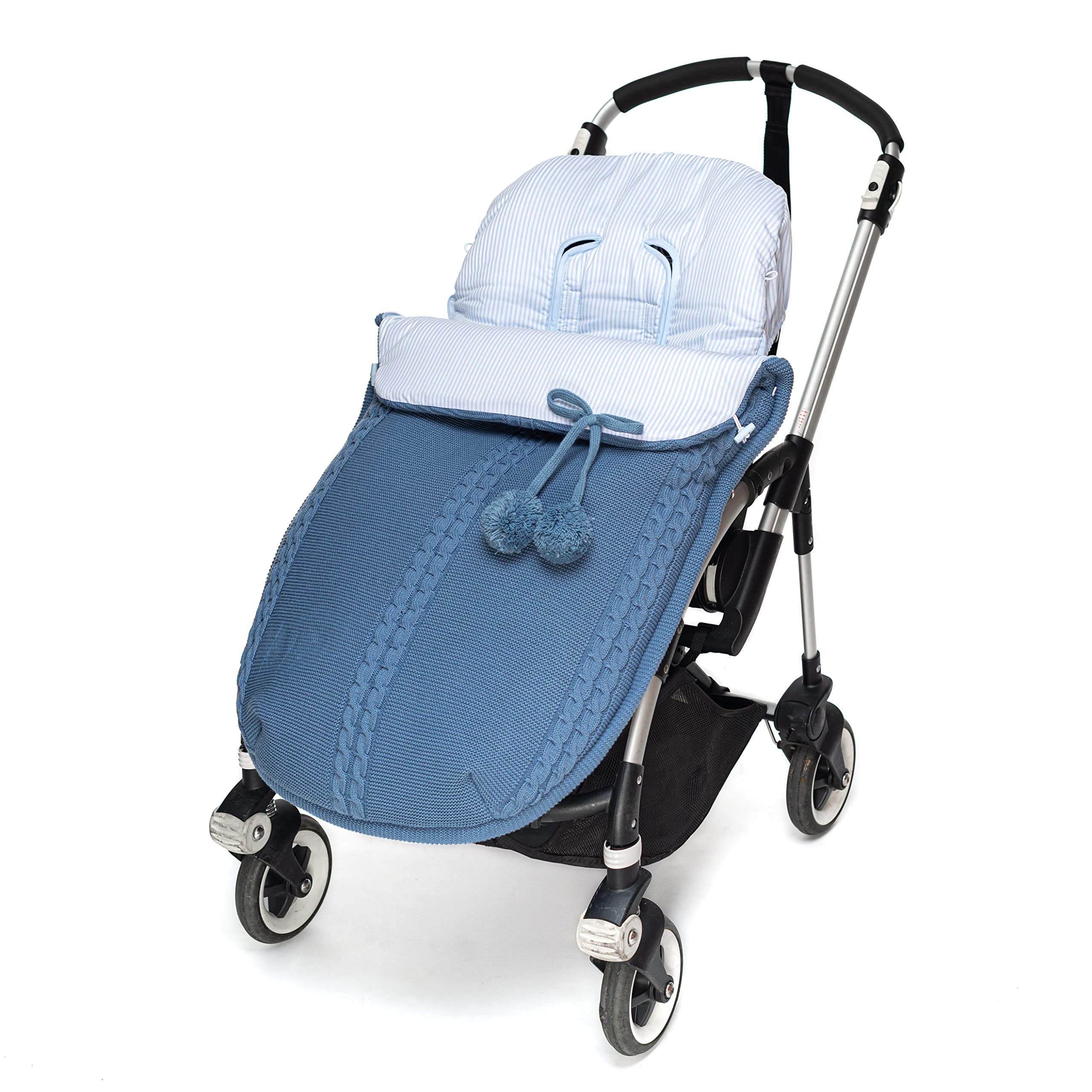 Sacco Universale per Passeggino invernale in maglia di lana e cotone a righe. Modello Sophie. Blu/Blu