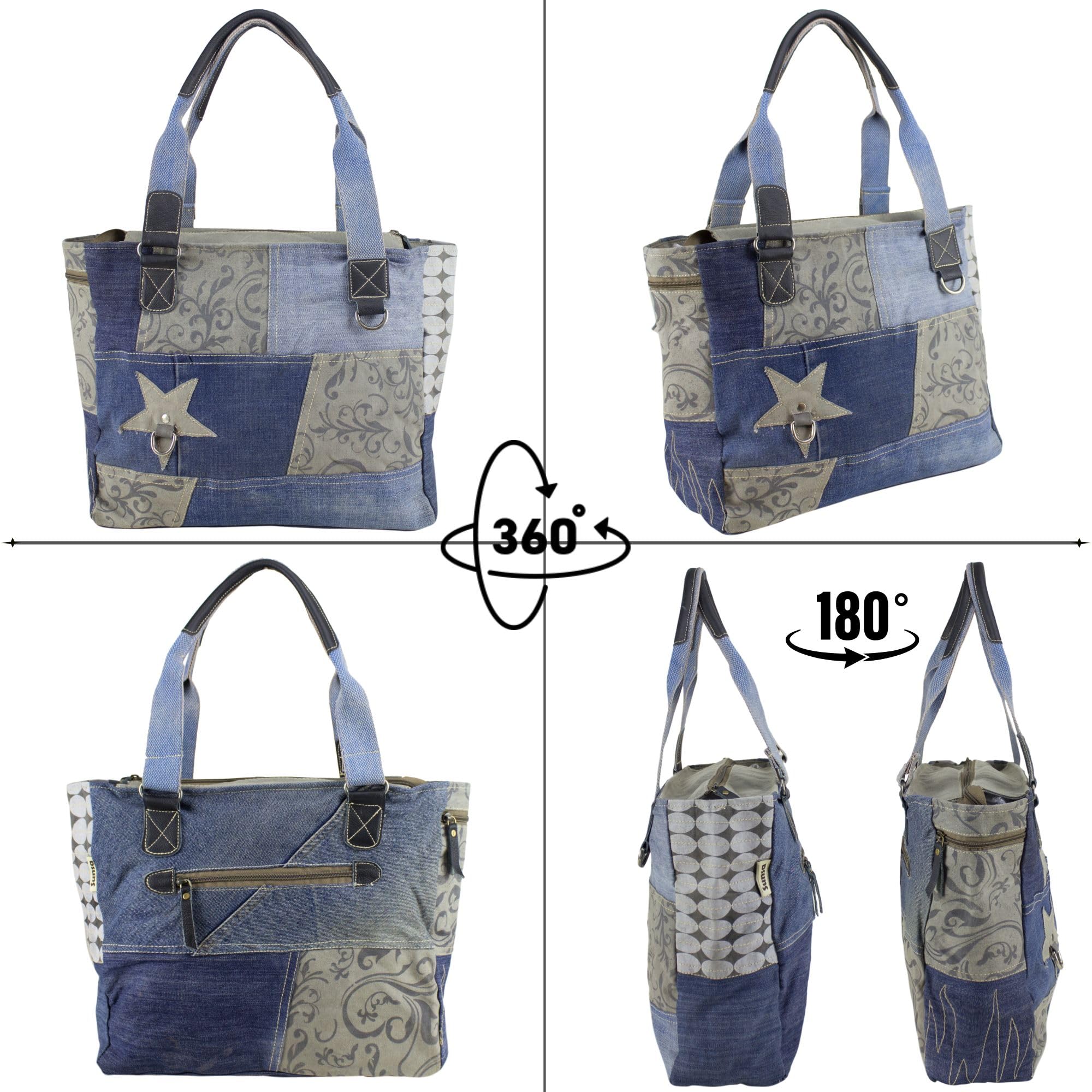 Sunsa Handtasche. Damen Tasche. Große Damentasche. Nachhaltige Shopper. Schultertasche aus recycelte Jeans Stoff & Canvas in Retro Vintage Stil