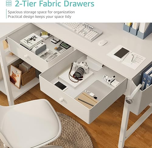 Miniatura 9 de DLisiting - Escritorio pequeño blanco en forma de L con cajones y estantes de almacenamiento, escritorio de esquina de 40 pulgadas con toma de