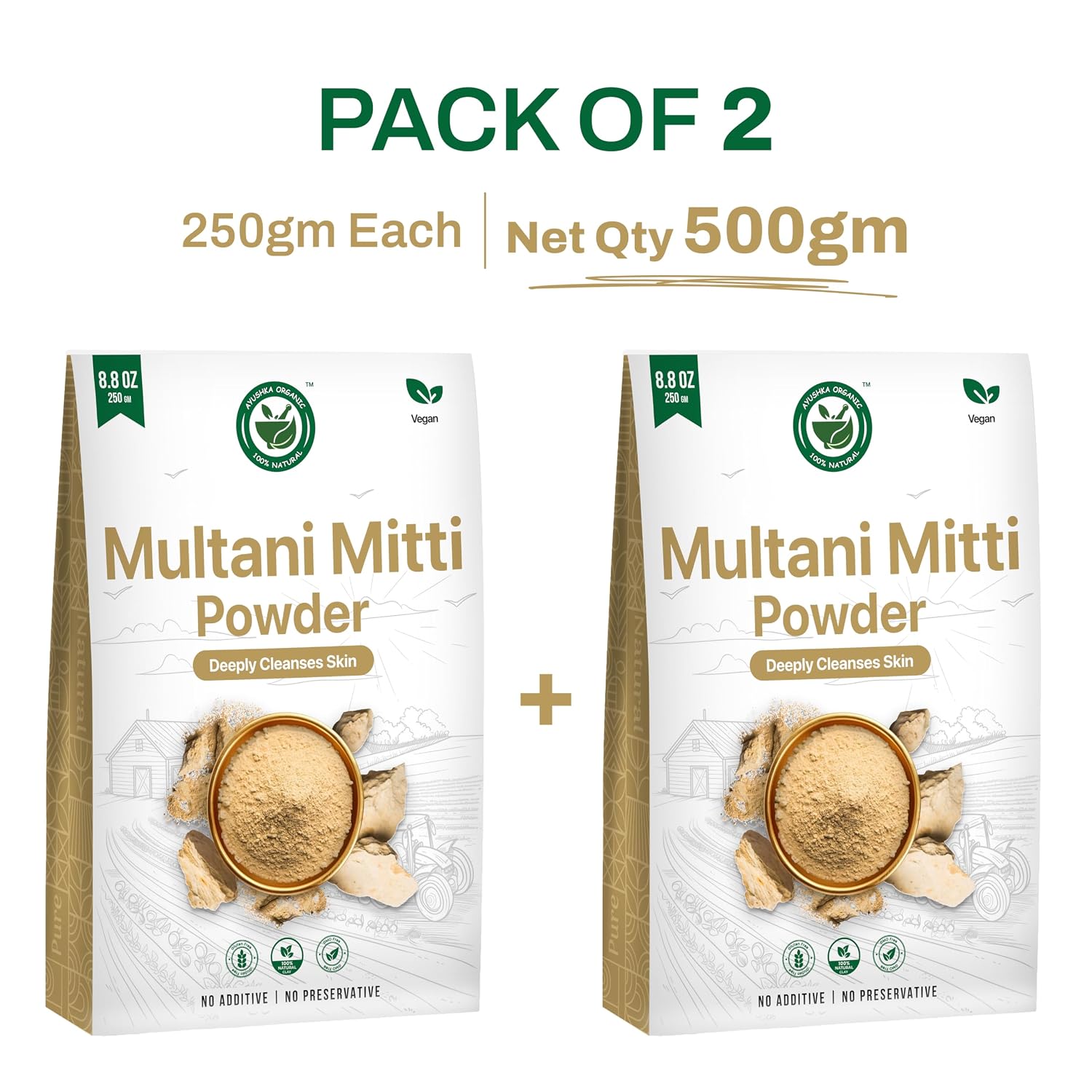 Multani Mitti Powder | Indian Healing Clay | 100% Pure Fullers Earth Powder for Natural Skin Tightening Face Mask | Deep Pores Cleansing | Bentonite Clay | Tan Removal Face Pack (17.7oz/500gm)