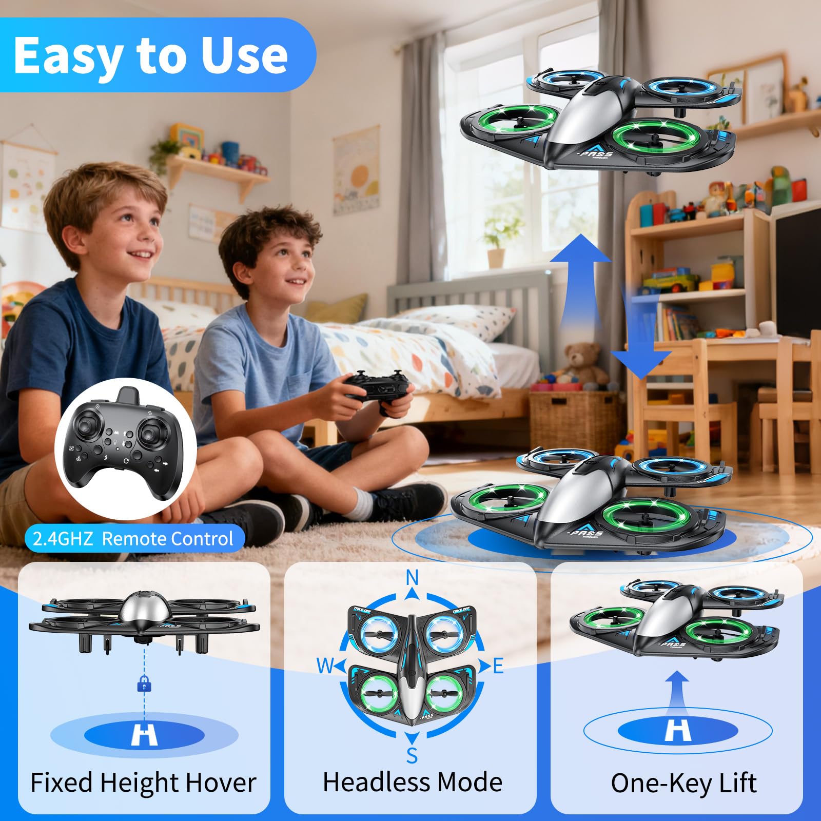 RC Drone for Kids Beginners, Foam Remote Control Drone with Cool Lights, 360° Flip, Altitude Hold, 3 Speed ​​Modes, Collision Protection and Ease of Use, RC Airplane Quadcopter Toy Gift for Boys and Girls