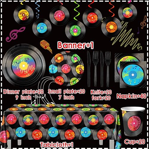 Miniatura 5 de Juego de vajilla de 142 piezas con temática de disco, decoraciones de fiesta de los años 50, platos y servilletas, vasos, mantel, pancarta colgante