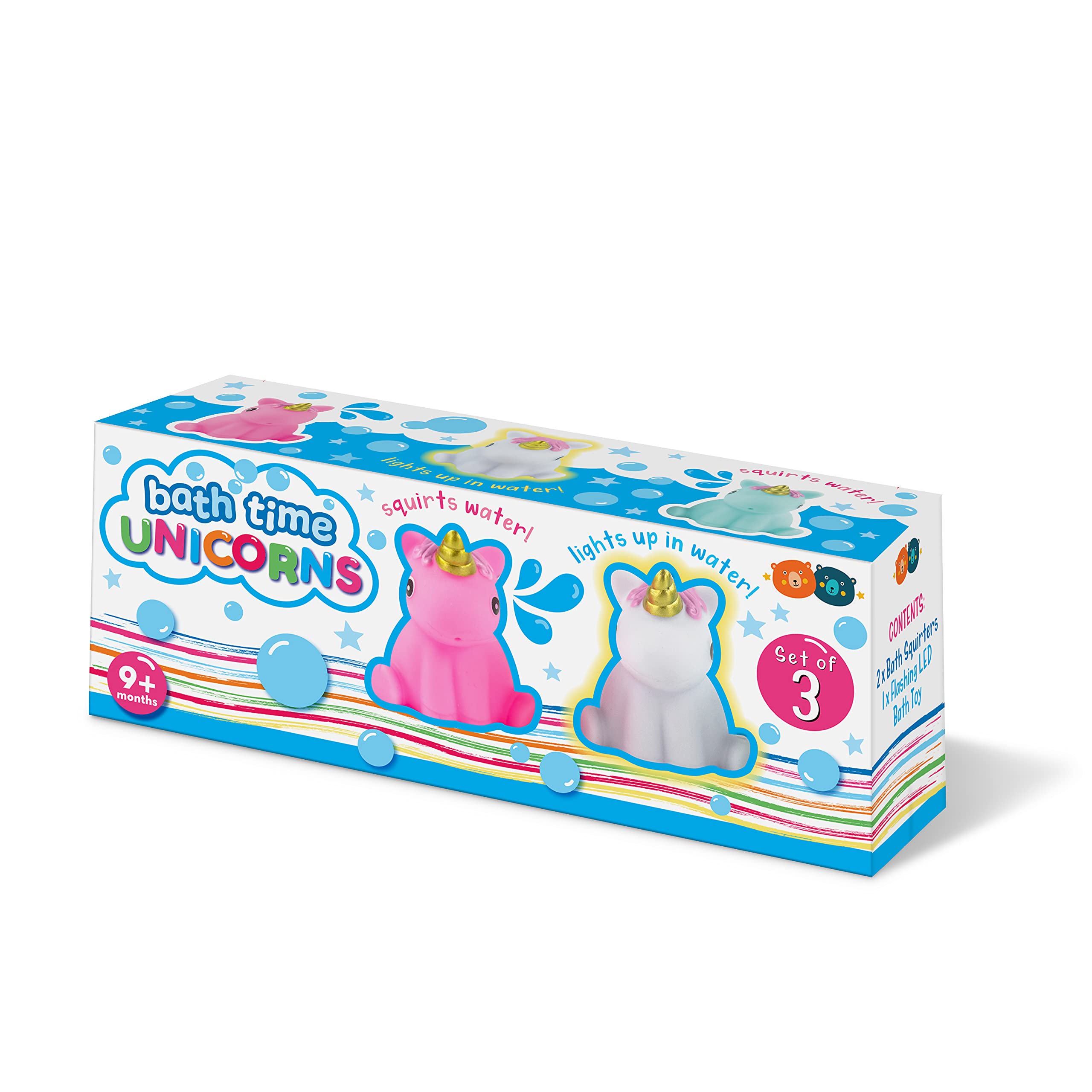 Buddy & Barney - Bath Toy Water Squirters SET OF 3 Unicorns. 2 x Water Squirting and 1 x Flashing LED Light-Up Unicorn.