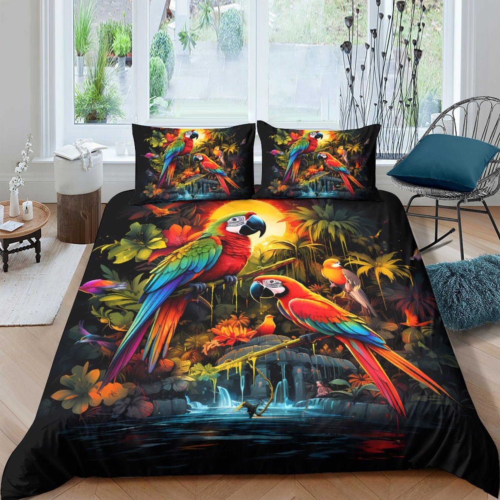 Ctjqhvkz Style-5 3D Printed Tropical Parrot Fitted Sheet Microfiber Soft Vibrant Jungle Bird Mattress Cover Bedroom Decor Washable Single（135X200cm）