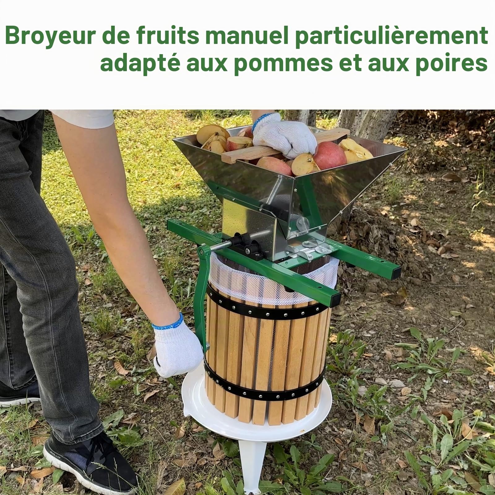Broyeur de fruits portable 7 L - Extracteur de pomme manuel pour presse à vin et cidre (acier inoxydable)