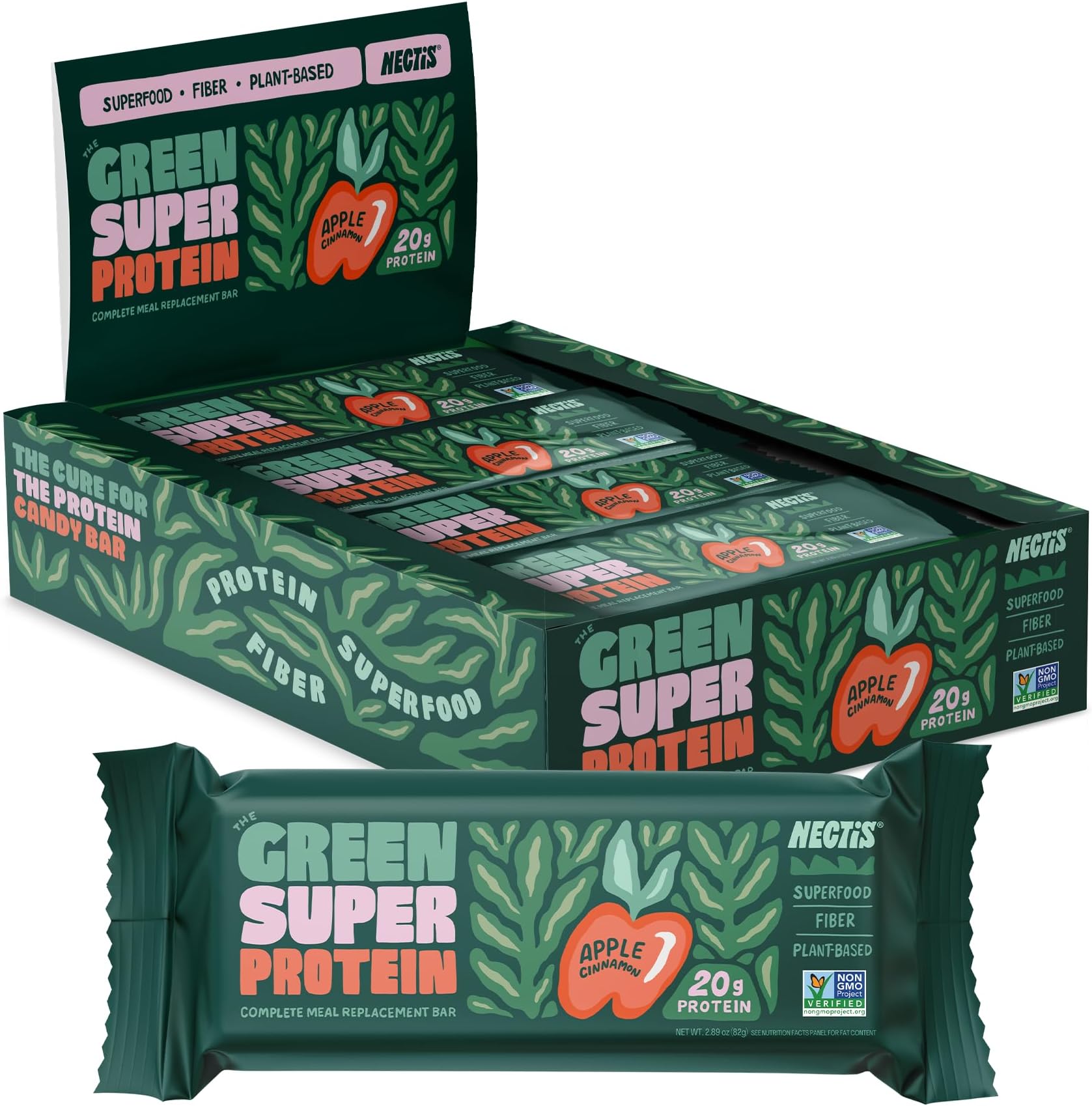 Nectis Green Super Protein Meal Bars, Apple Cinnamon, 20g plant protein, Organic Greens, high fiber, vegan, no soy, non gmo, 82g Bar, 8 pack