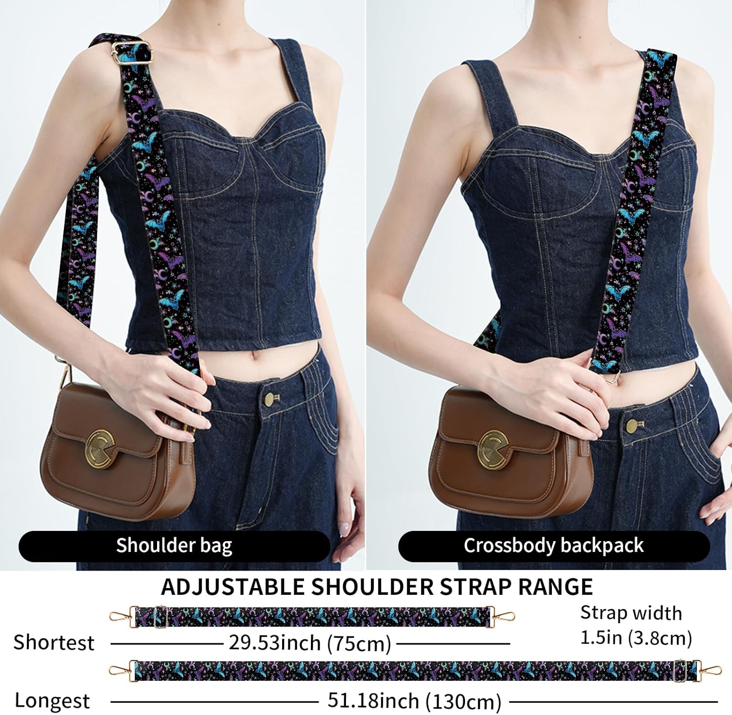 Purse Strap Replacement Crossbody 1.5 Inches Wide, Gold Buckle Guitar Style Shoulder Bag Straps Adjustable for Women Men Handbags Purple Cute Bats - Image 5