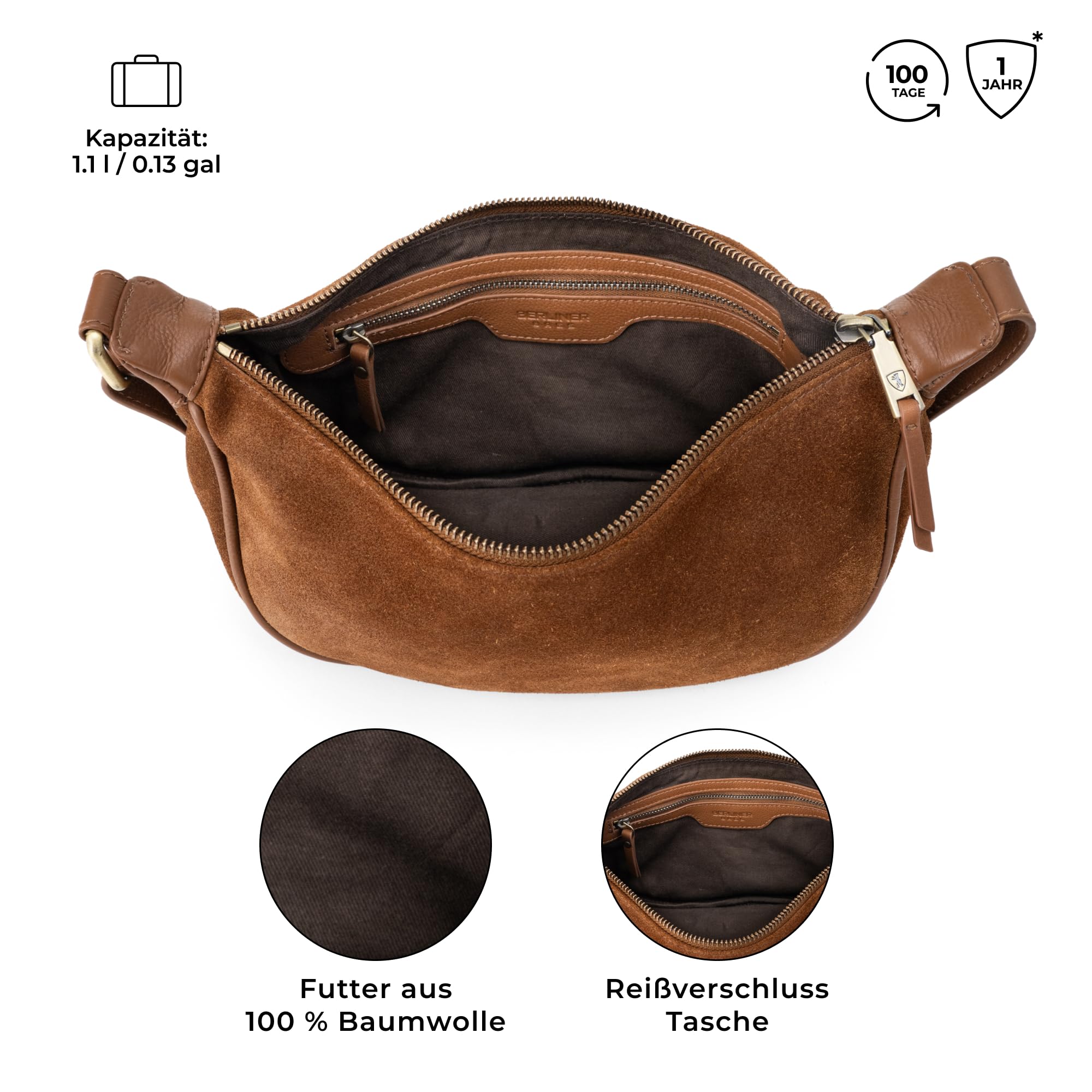 Berliner Bags Crossbody Luna, Halbmond Tasche aus Leder, Moon Bag, Umhängetasche, Schultertaschen für Damen
