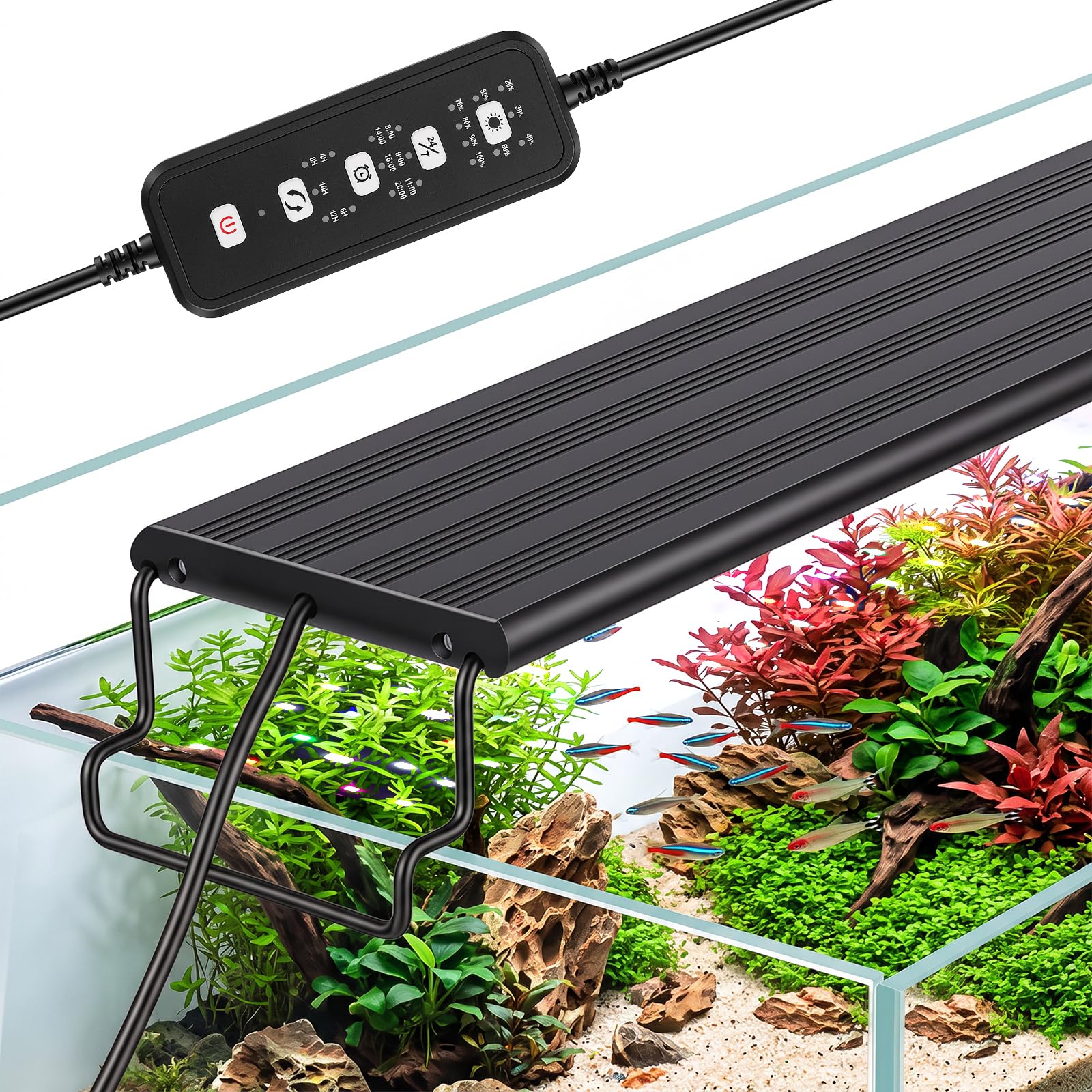 hygger Lampe LED pour aquarium 24h/24, 7j/7, éclairage à spectre complet de 20 W avec supports 12 couleurs et 9 niveaux de luminosité pour eau douce (78-91 cm)