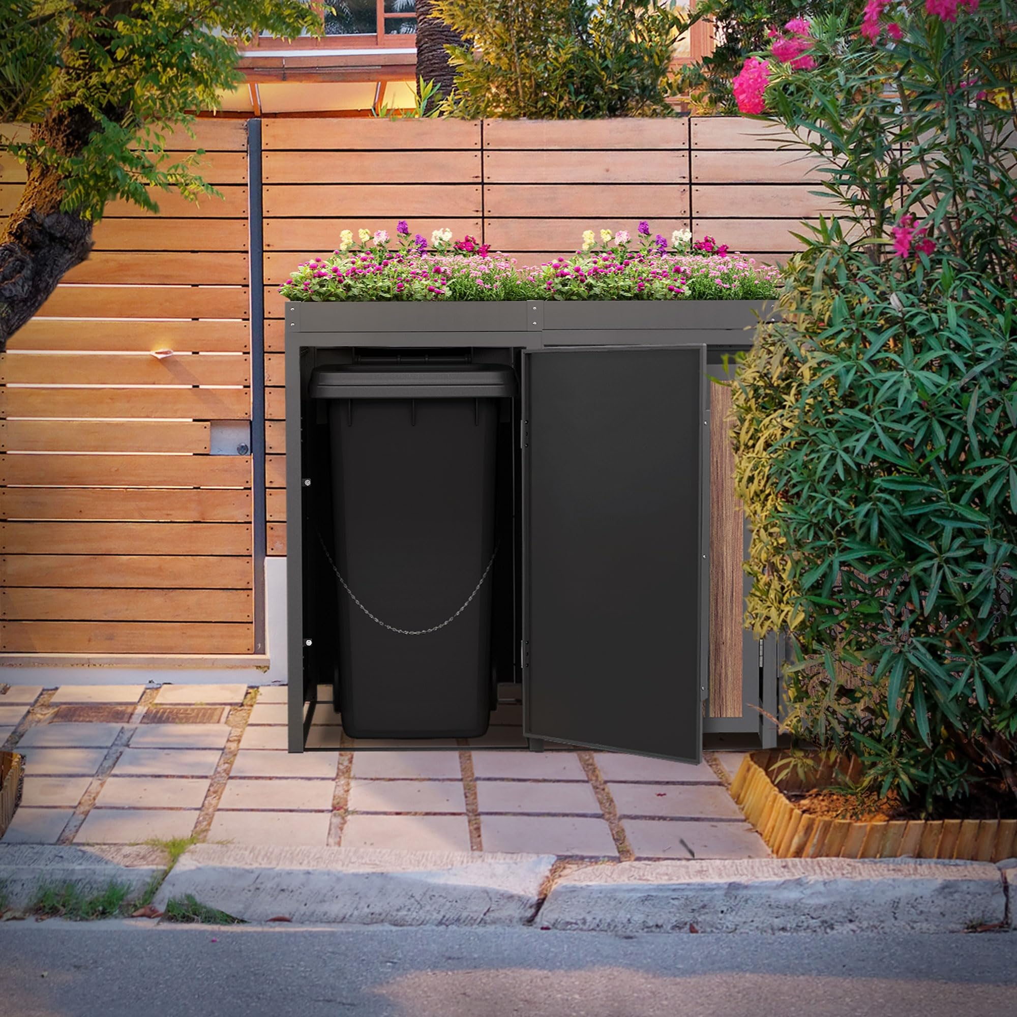 ML-Design Copribidone per Spazzatura 3 Bidoni 240L 196x80x124 cm in Acciaio Antracite Effetto Rovere Scuro con Tetto a Fioriera, Resistente alle Intemperie, Deposito per Bidoni di Rifiuti, Box Bidoni