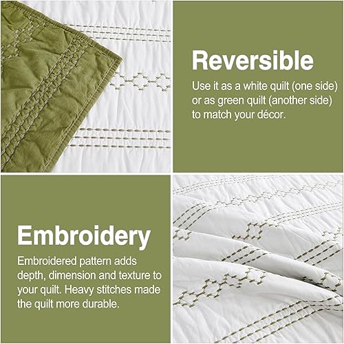 Miniatura 4 de Querencia Colcha reversible en verde y blanco tamaño King, colcha bordada 100% algodón, edredón de rayas de granja, juego de ropa de cama bohemio