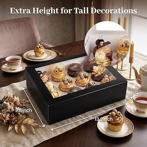 Miniatura 2 de VGOODALL 12 cajas para cupcakes, 6 soportes para cupcakes de Halloween con ventana, cajas de pastelería negras para cumpleaños, vacaciones