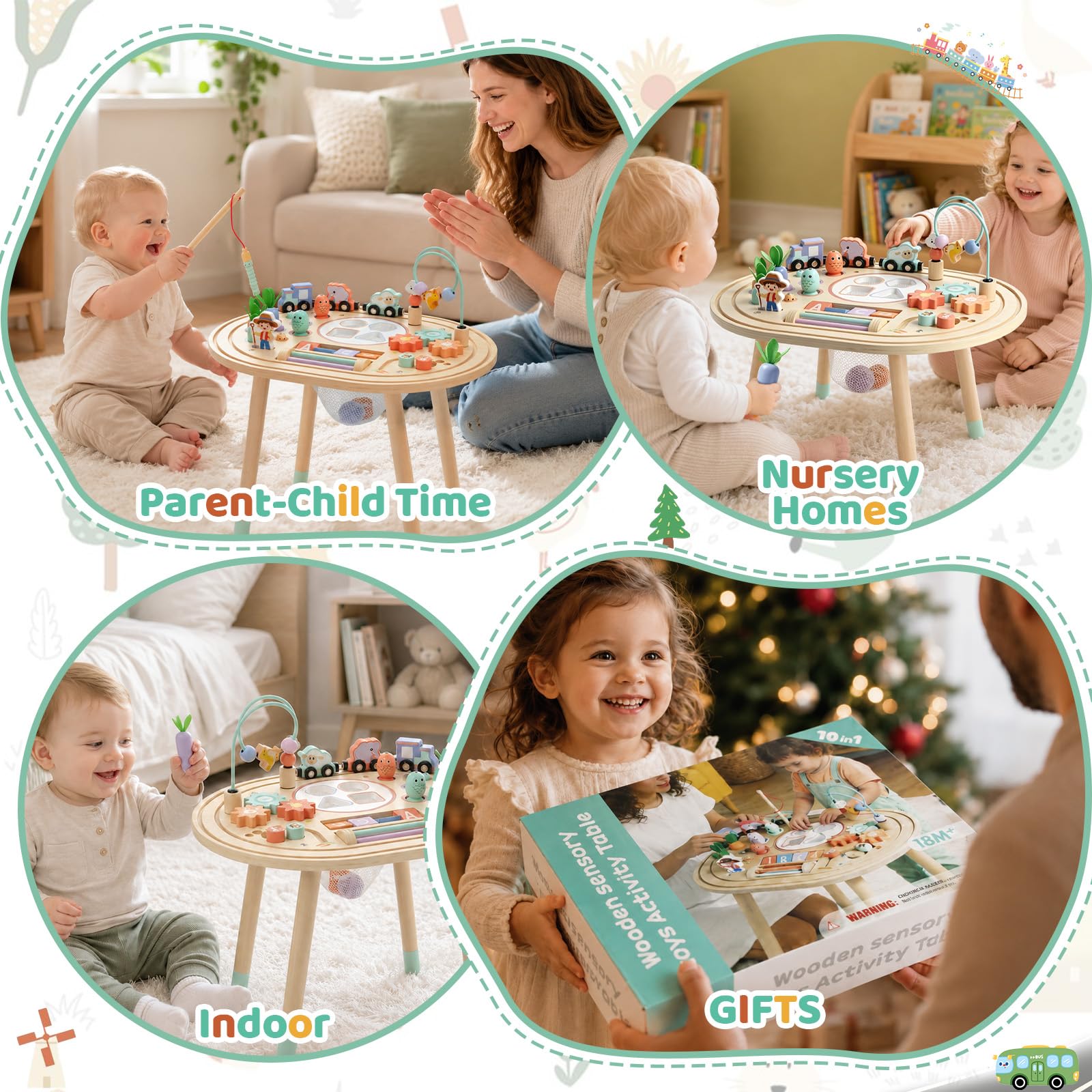 10 in 1 Montessori Spielzeug – Aktivitätstisch aus Holz ab 1 Jahr | Motoriktisch Motorikspielzeug Spieltisch für Motorikschleife, Montessori Lernspielzeug für Kinder ab 18 Monaten