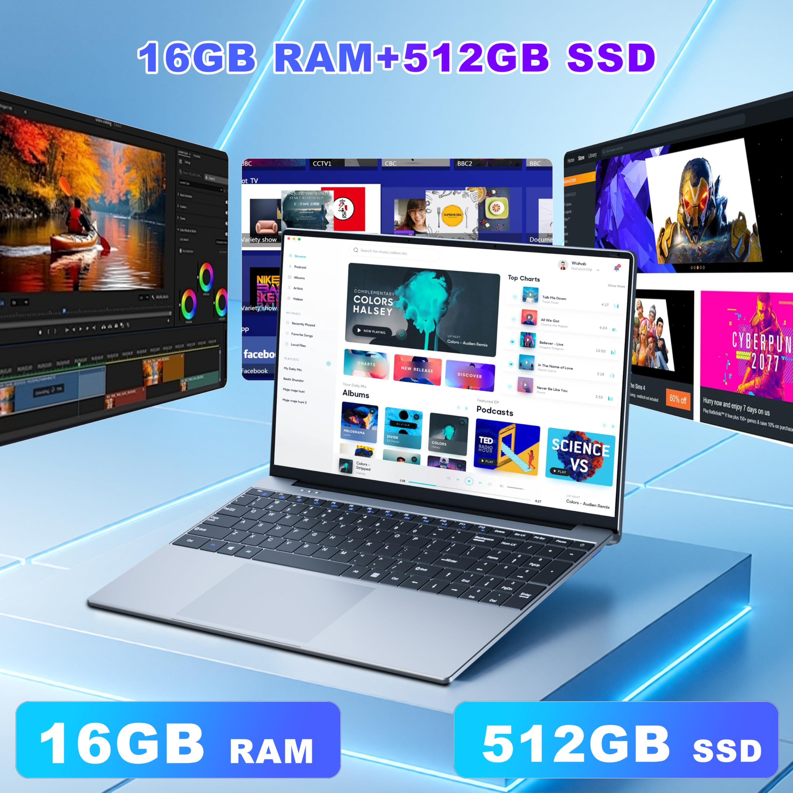 Portatile PC 15.6" Full HD IPS, Core i5-7Y54 fino a 3.2 GHz, 16 GB RAM SSD 512 GB, Notebook Win 11 + Office 365, Laptop Tastiera Retroilluminata, Computer Portatile HDMI USB 3.0 WiFi 5 BT 4.2