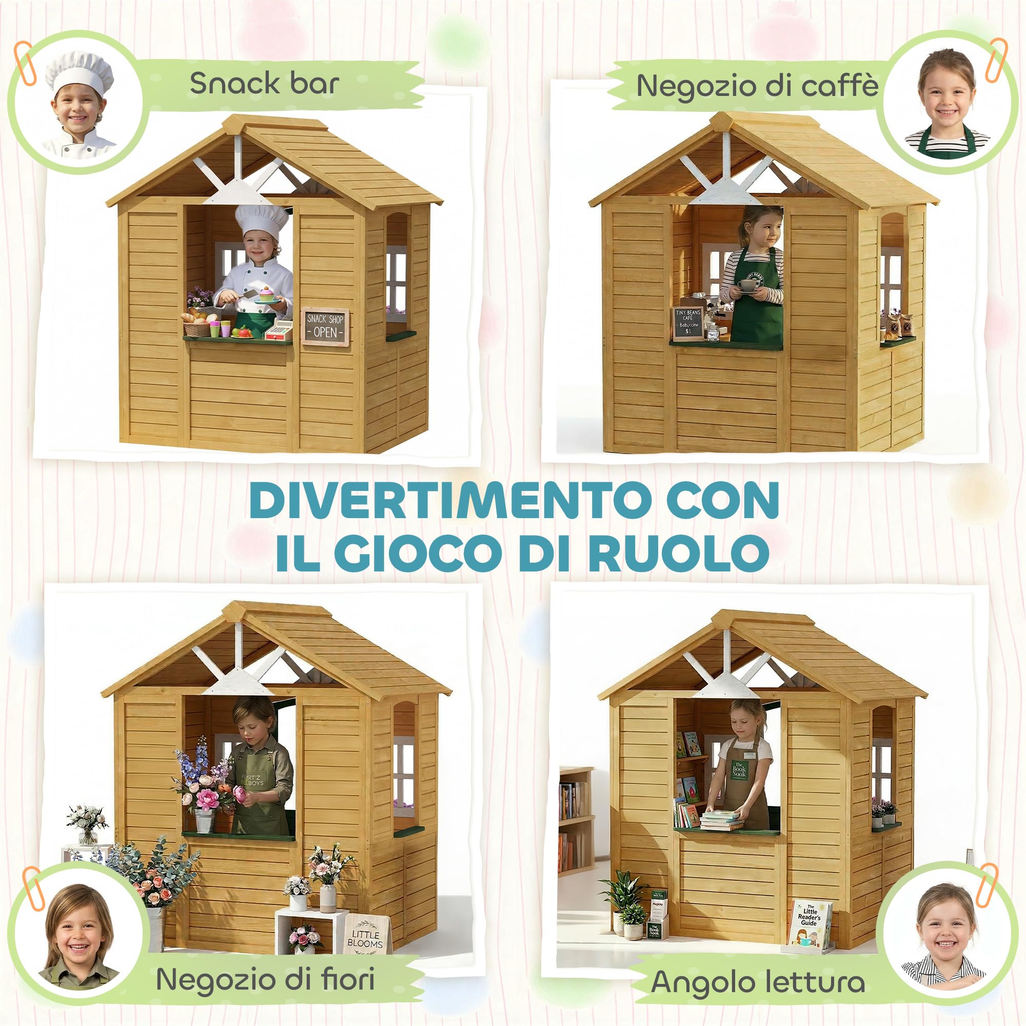 AIYAPLAY Casetta da Giardino per Bambini in Legno di Abete, Casetta per Bambini da Esterno con 3 Finestre, 2 Fioriere, Porta e Tetto, per Bimbi 3-8 Anni, Interno ed Esterno, 134.5x97x150 cm, Marrone