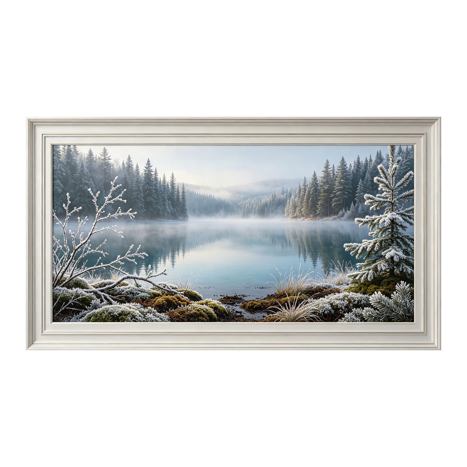 Yzpallescene 3D Framed Wall Art 50cm×100cm Misty Lake Pine Forest Snowy Landscape Panoramic View Large Size SelfAdhesive Removable Wall Decor Prints Artwork for Living Room Bedroom Office
