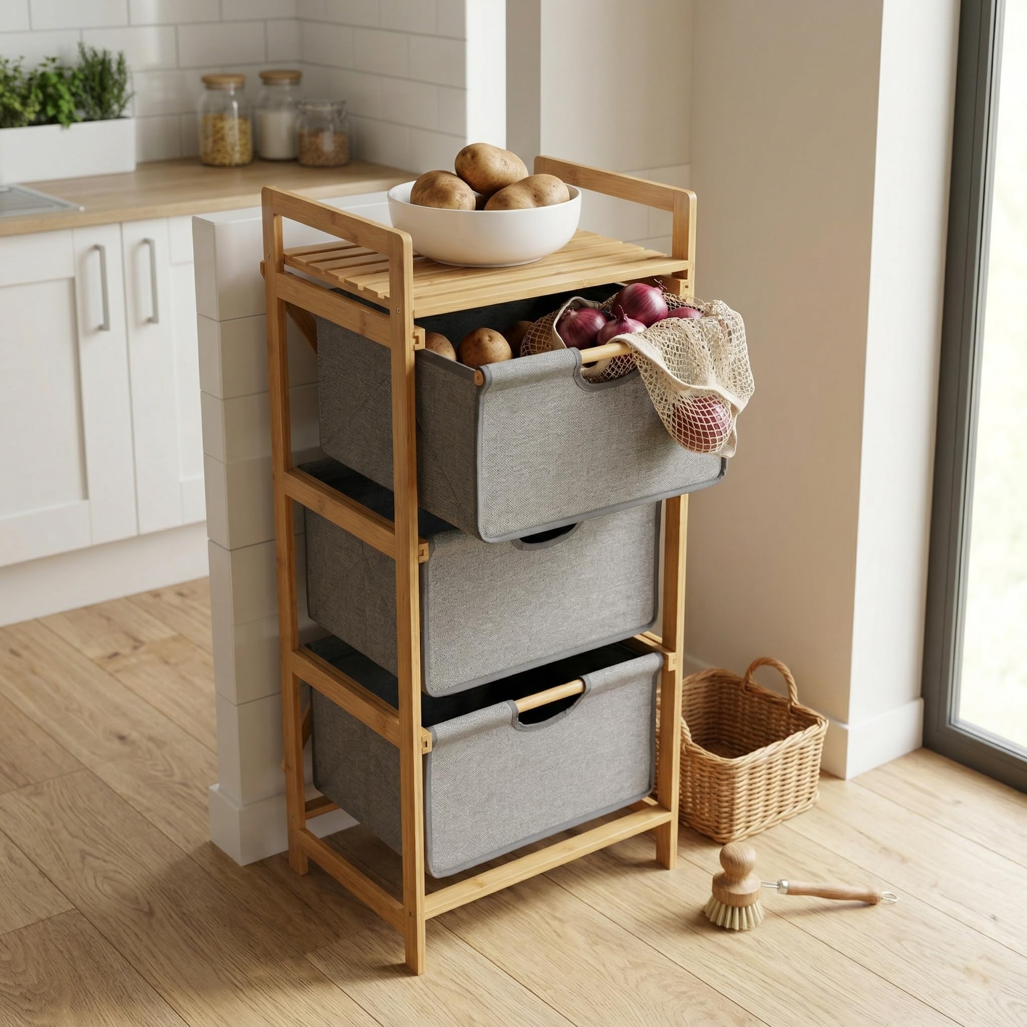 Deconox Doğal Bambu 3 Katlı Organizer Raf 43x33x98 cm - Çok Amaçlı Banyo Mutfak ve Balkon Düzenleyici
