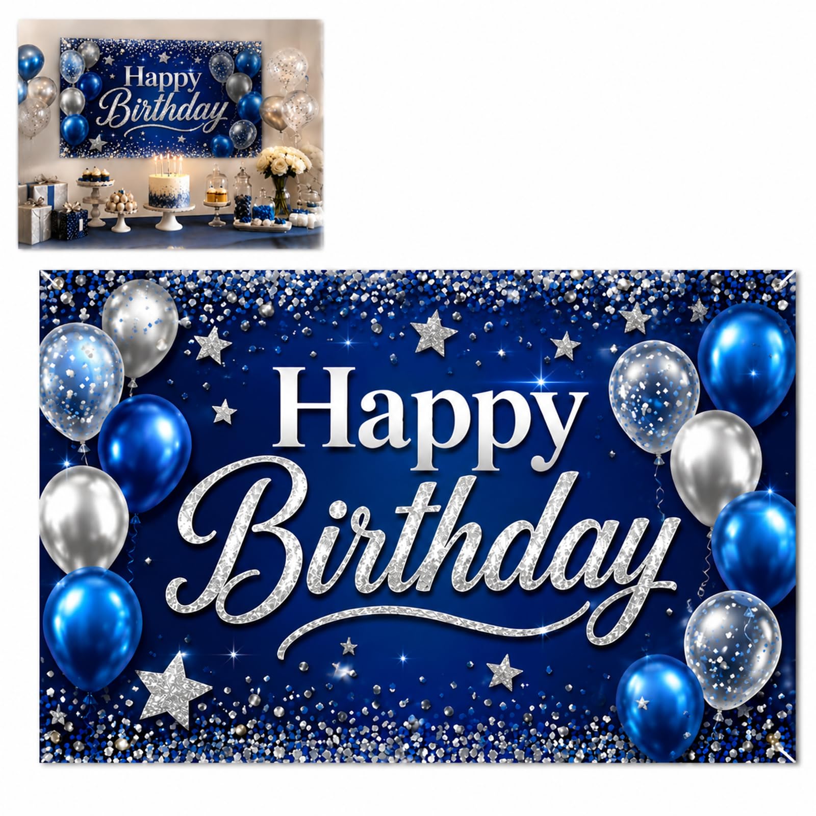 Silver Birthday Banner Backdrop - Premium Polyester Indoor Outdoor Party Decorations with Balloons Stars Confetti for Celebrations, Extra Large Reusable Tear-Resistant Hanging Flag
