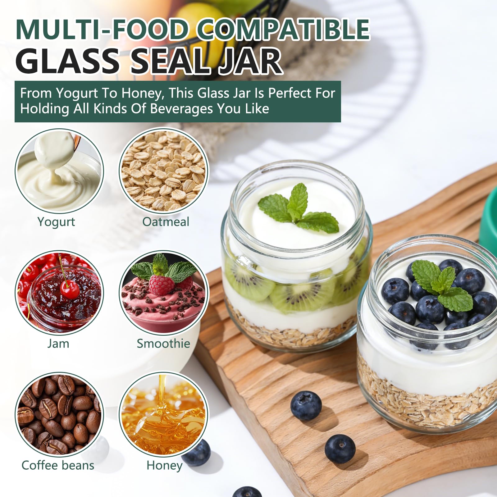Glass Jars with Lids - 10oz Overnight Oats Containers -3 Glass Jars with Lids - 10oz Overnight Oats Containers -3
