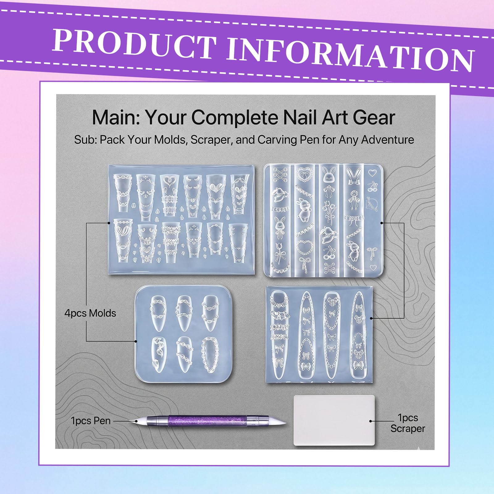 Moldes para Uñas 3D Gel Nail Art Set 4 Piezas Silicona Plantillas de Estampado