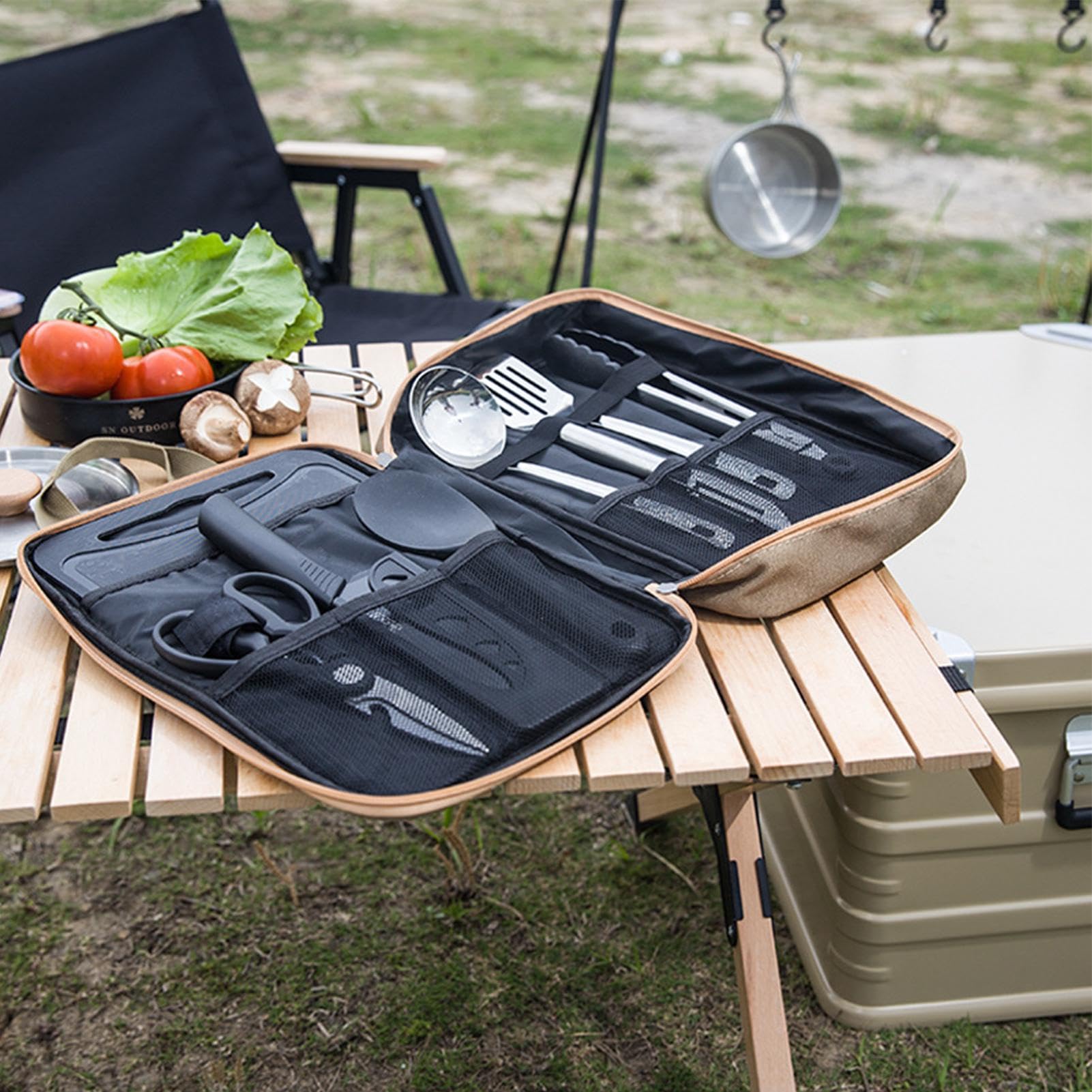 Camping-Kochgeschirr-Set, Camping-Utensilien, Küchenutensilien aus | Edelstahl, 8-teilig, kompaktes Küchenutensilien-Set aus Metall, mit Tasche
