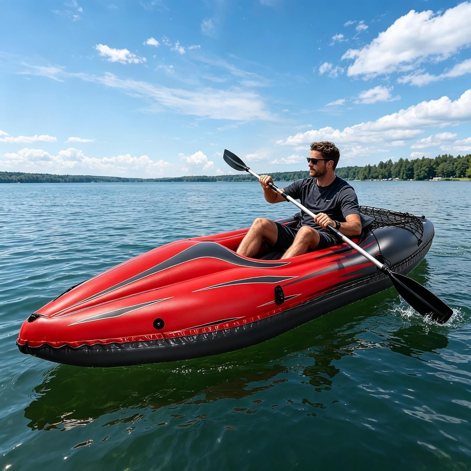 9 ft Inflatable Kayak, 1-Person Foldable Fishing Boat, 220 lb Capacity, Includes Aluminum Oars, High Output Pump, Adjustable Seat, Removable Fin, Cargo Net for Adults, Lakes & Rivers