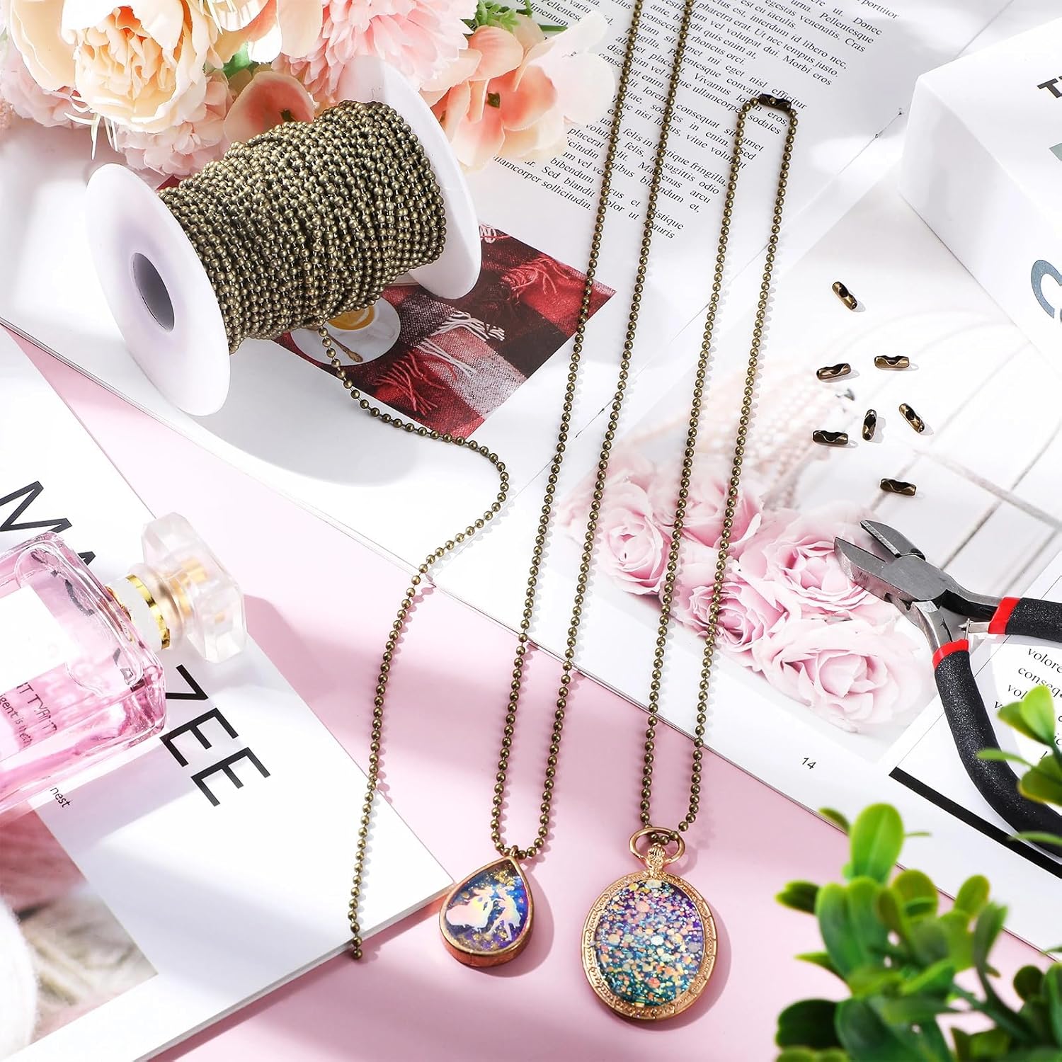 Mudder 65 Feet Stainless Steel Chains, 2.4mm Bead Link Chain with 40 Ball Connector Clasp and Plier for Necklace Hanging Ornament Key Chain Dog Pet Tags(Bronze) - Image 3