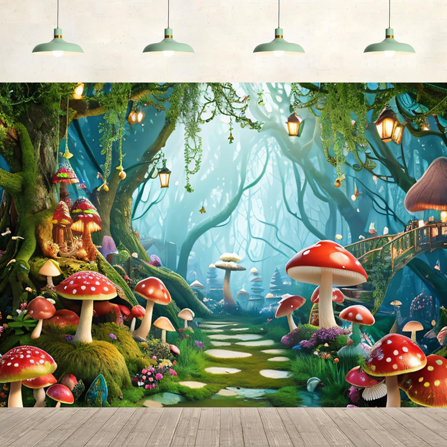 10x8ft Enchanted Forest Backdrop Magic Forest Fantasy Mushroom Flower Stone Pathway Wonderland Photography Background Birthday Party Decoration for
