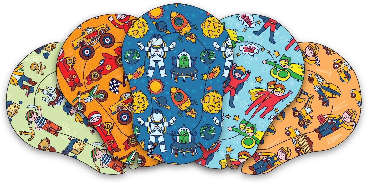 AccuMed Orthopedic Eye Patches for Kids (Boys) with 5 Different Designs, Disposable Adhesive Boy’s Eye Patch Bandages for Amblyopia (Lazy Eye), Opticlude, Strabismus (60 Count) (2019 Softer Material)