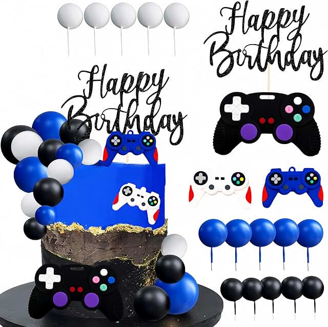 Video Game Cake Topper Video Game Birthday Decorations (blue)