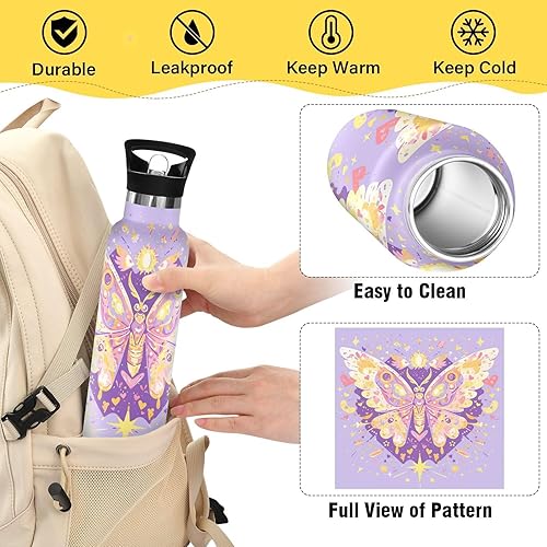 Miniatura 4 de Butterfly Purple Golden Leakproof and BPA Free Kids' Metal Water Bottle with Straw Double-Wall Vacuum Insulation for School Boys Girls